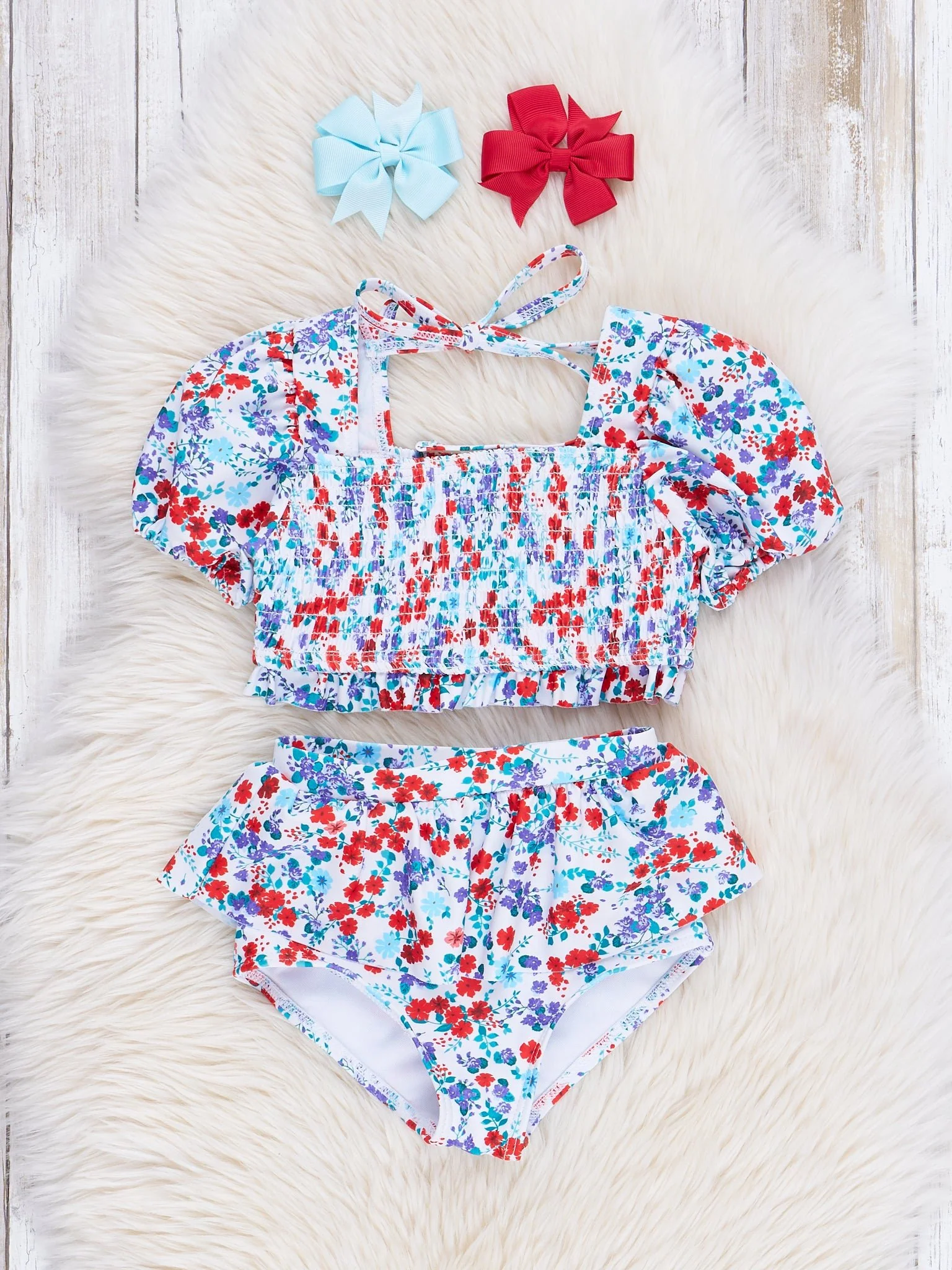 Red & Blue Floral Puff Sleeve Ruffle Swimsuit - Image 2