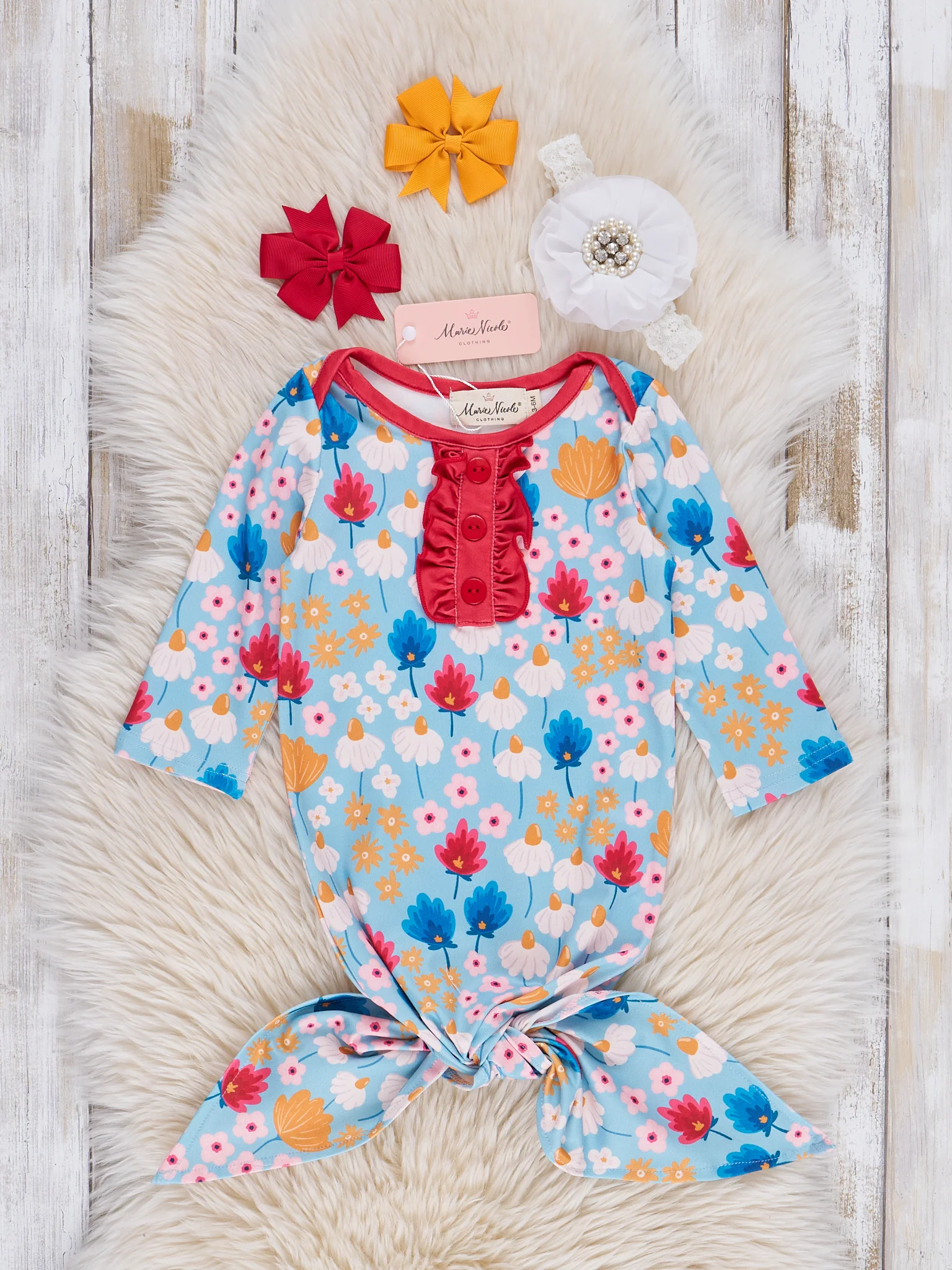 Red & Blue Little Daisies Ruffle Knot Gown