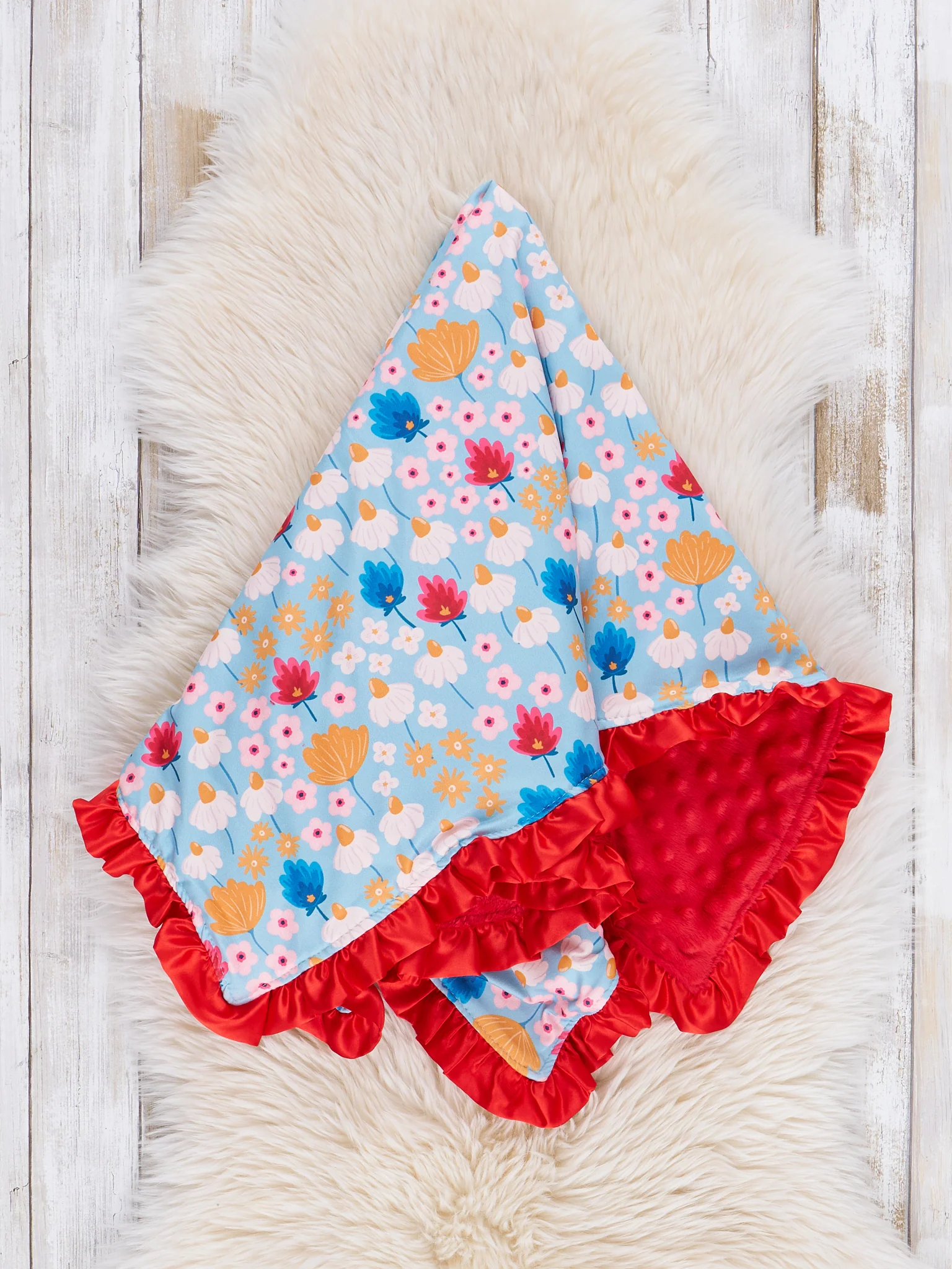 Red & Blue Little Daisies Ruffle Minky Blanket