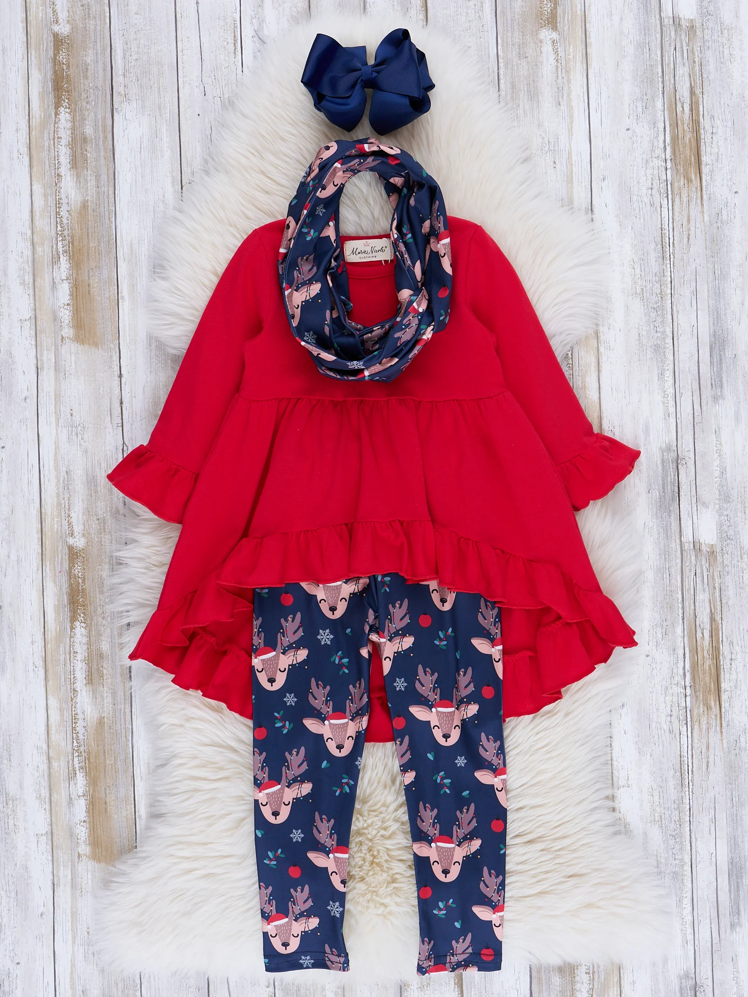 Red & Blue Reindeer Ruffle Outfit w/ Scarf