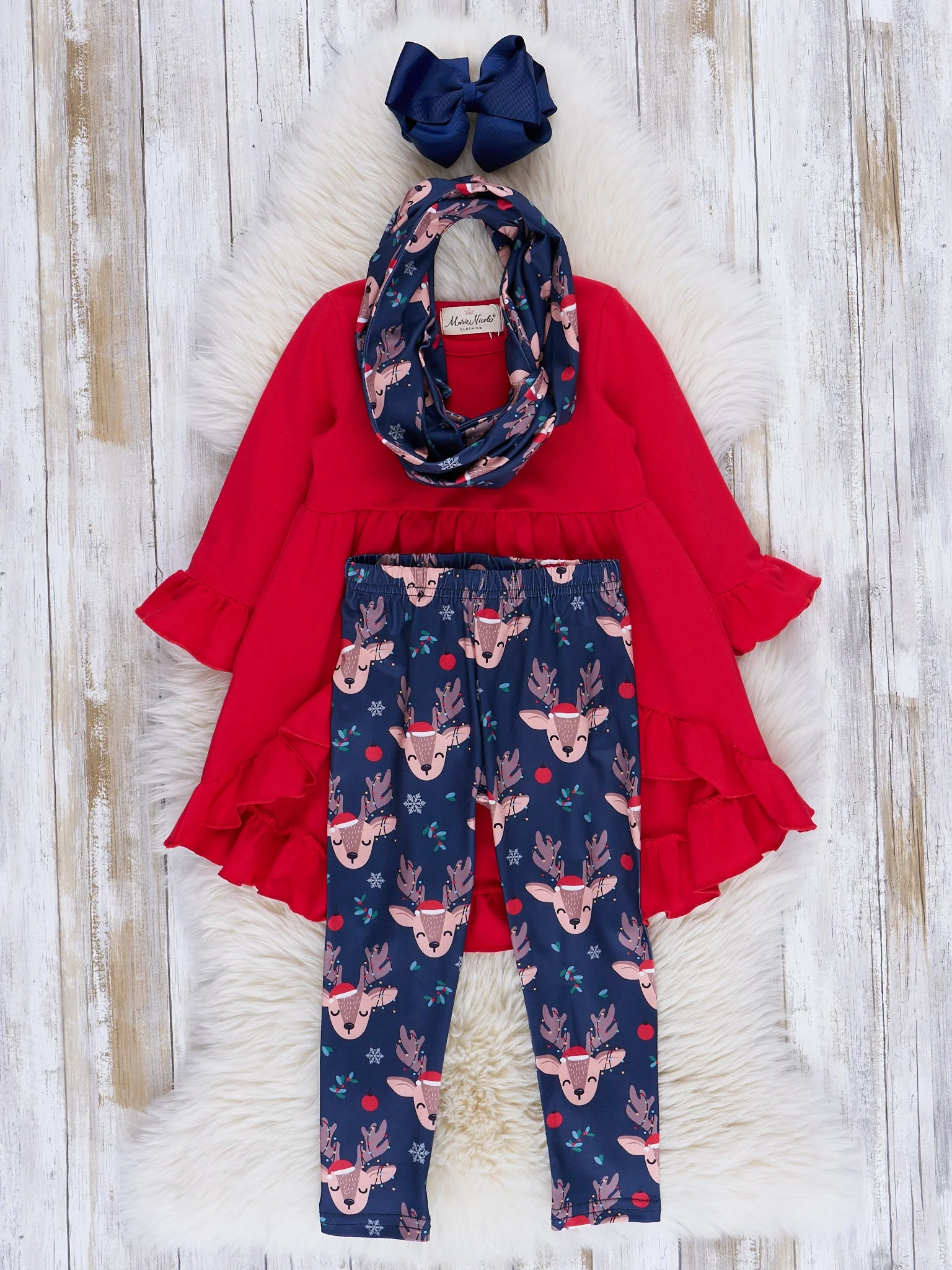 Red & Blue Reindeer Ruffle Outfit w/ Scarf - Image 2