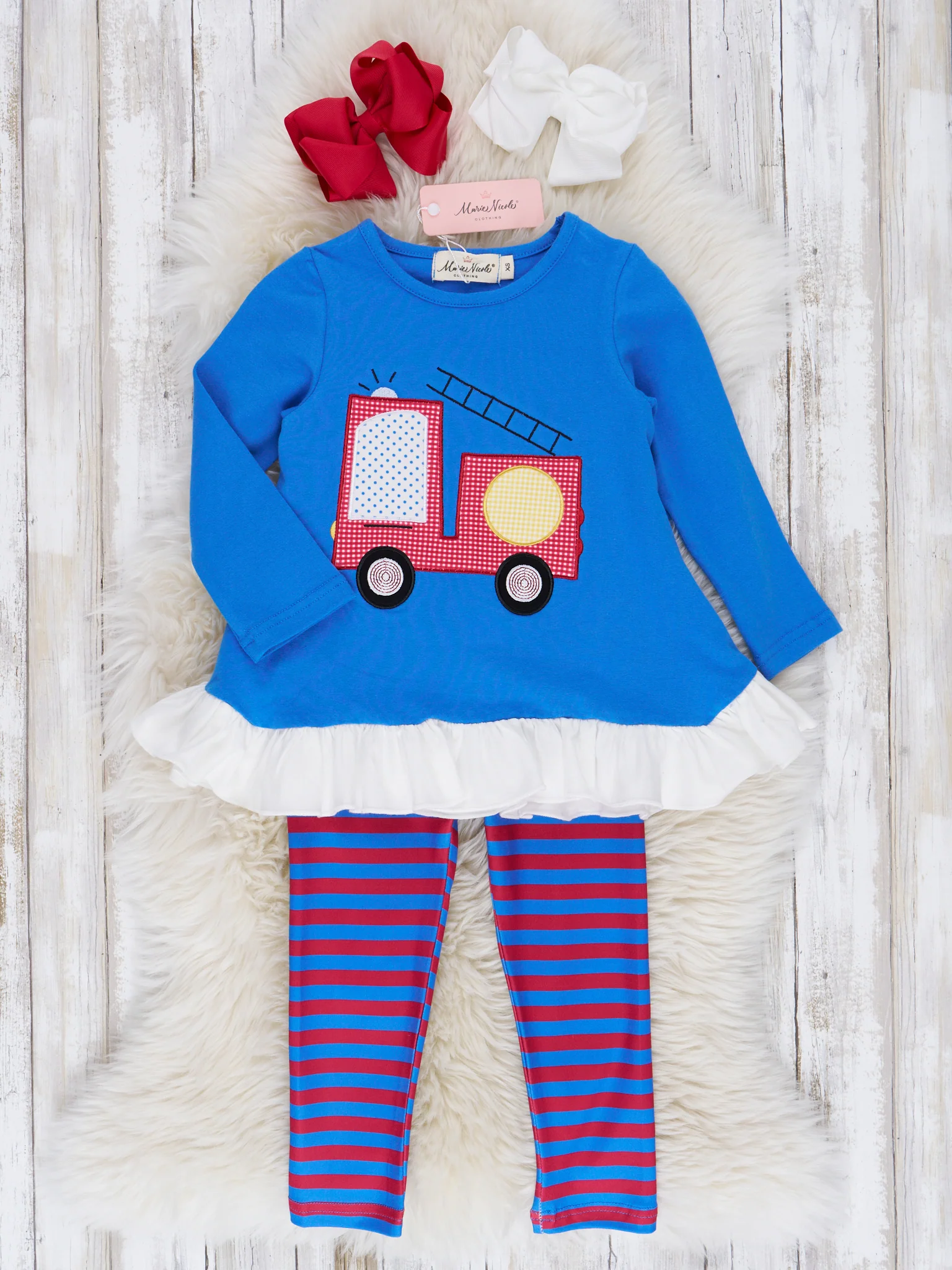 Red & Blue Stripe Firetruck Ruffle Outfit