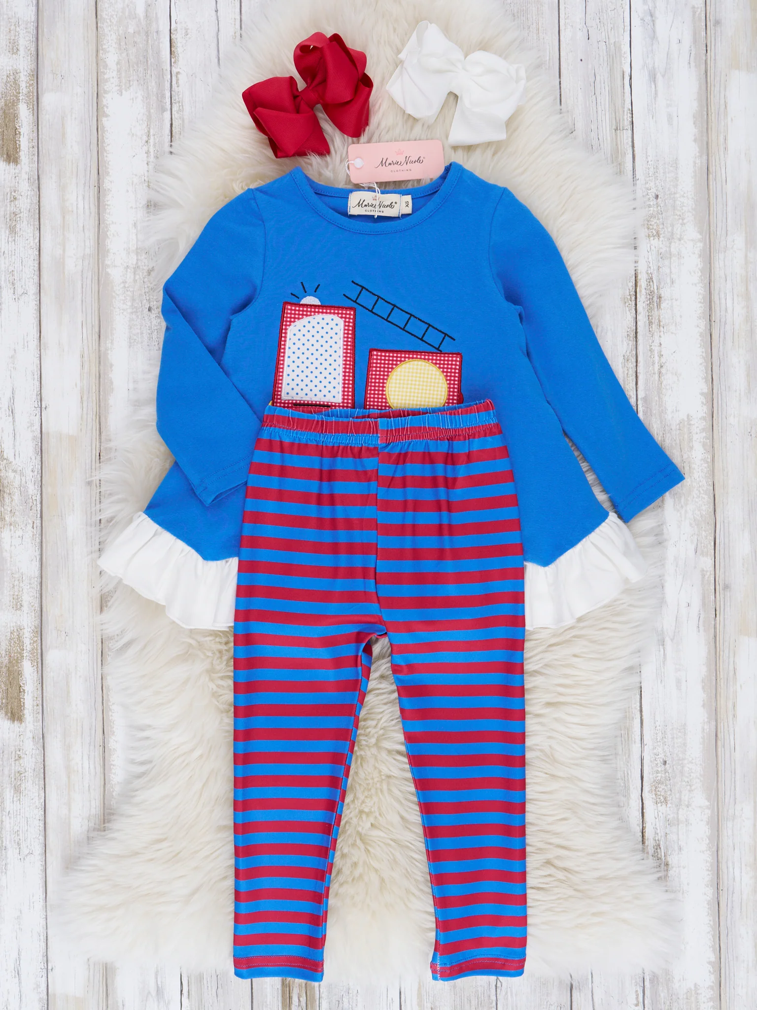 Red & Blue Stripe Firetruck Ruffle Outfit - Image 2