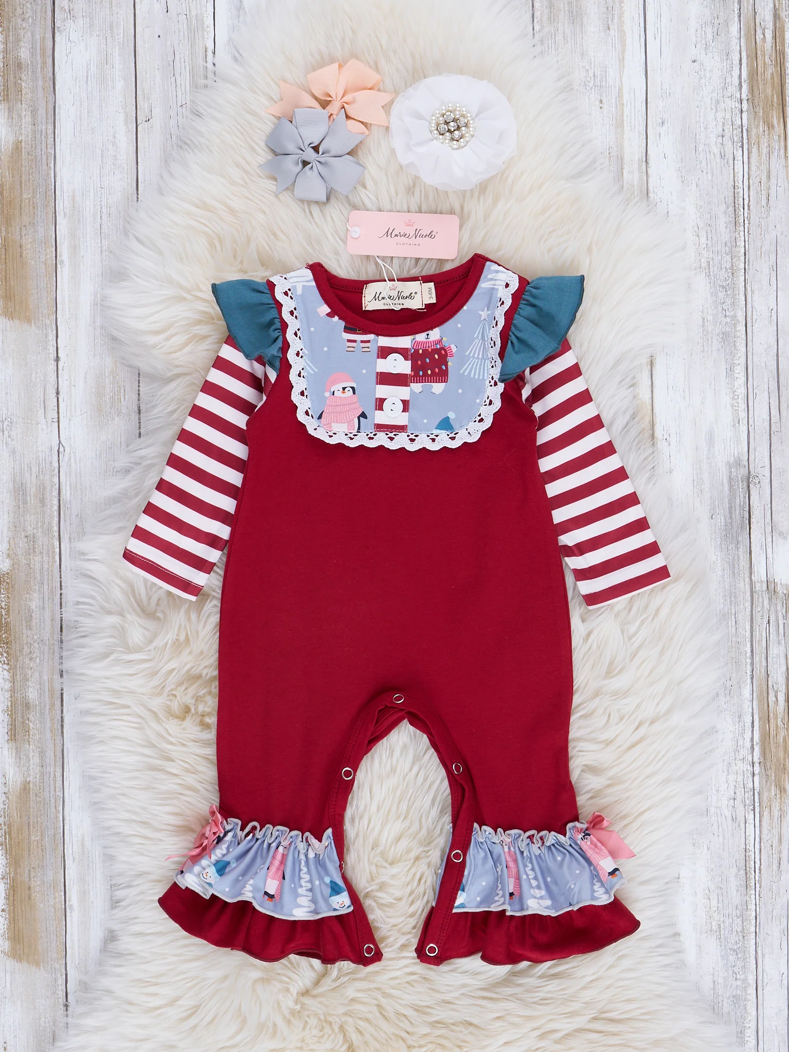 Red & Chambray North Pole Ruffle Romper