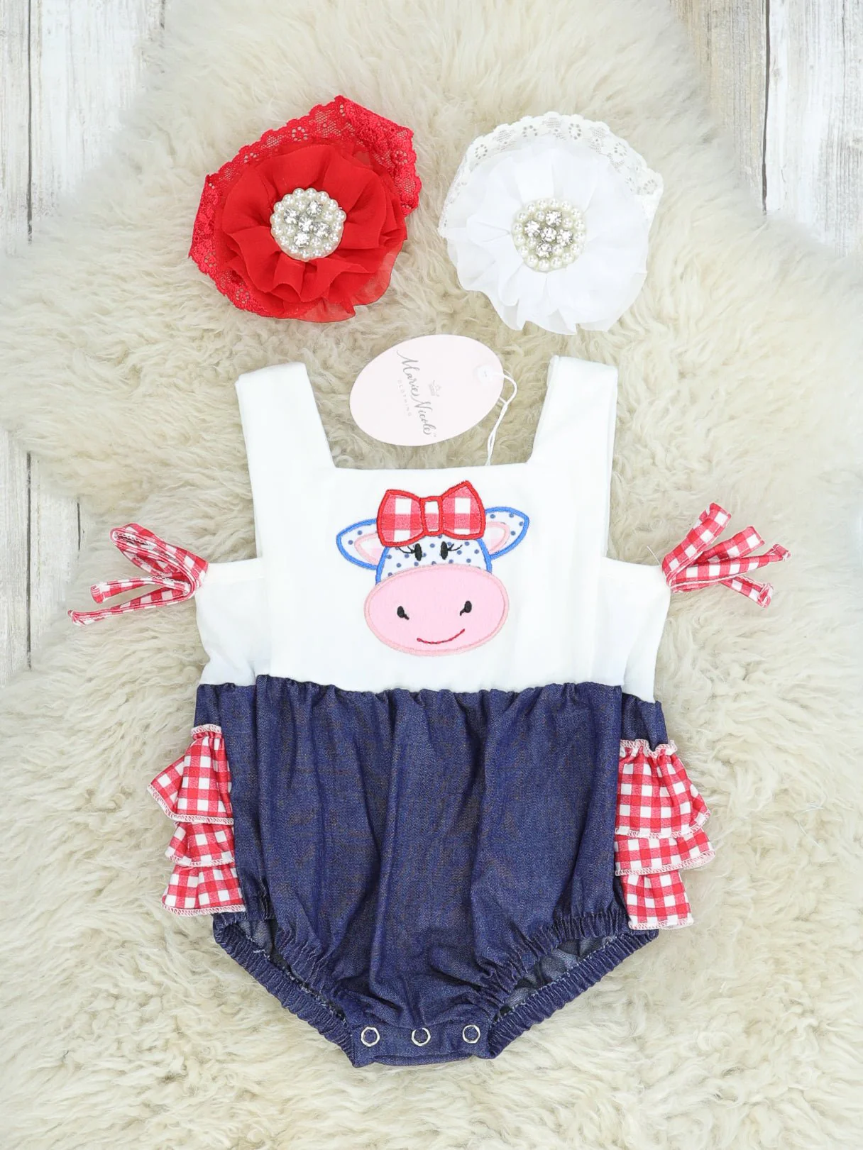Red Check Cow Ruffle Bubble Romper