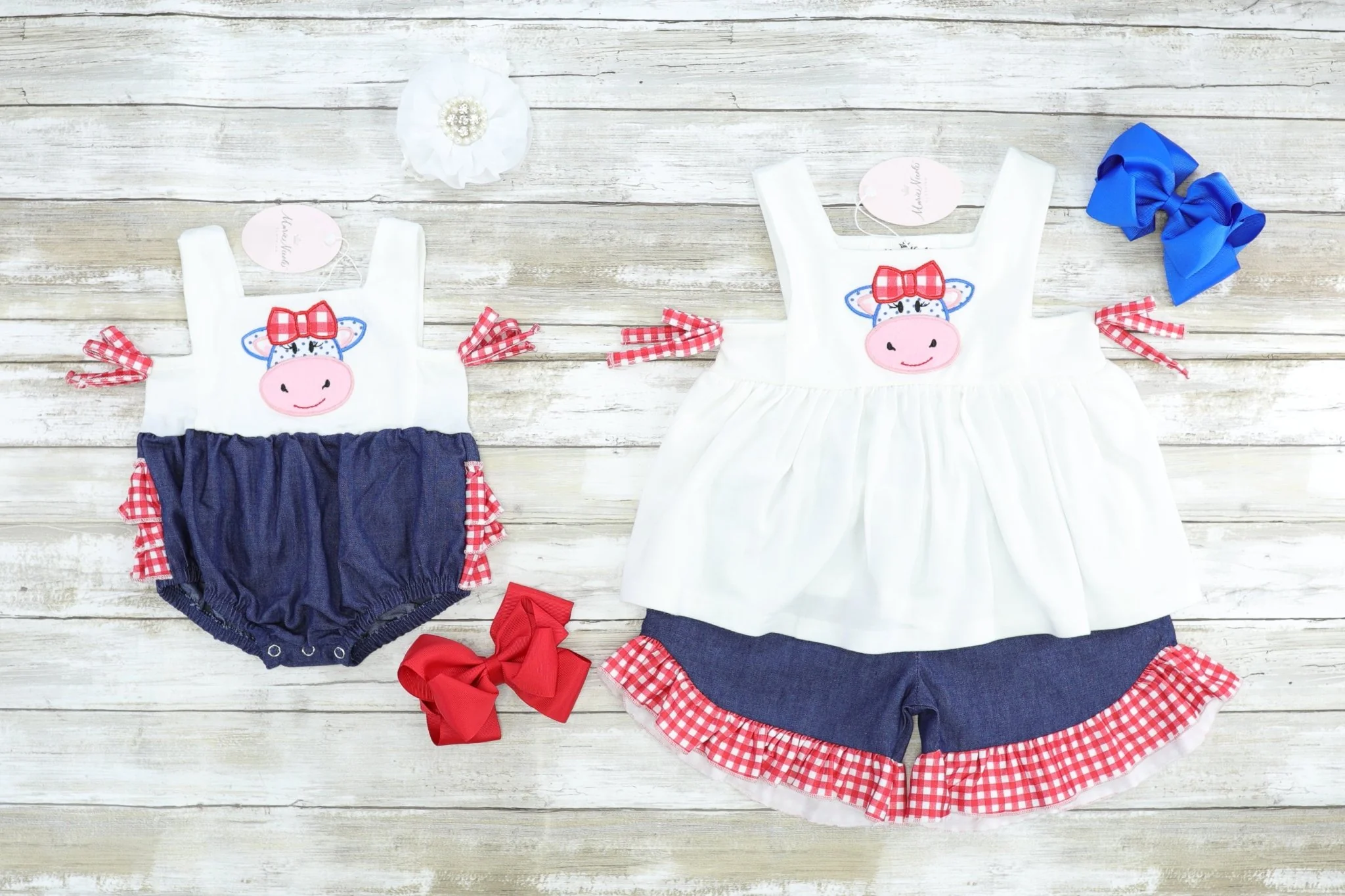 Red Check Cow Ruffle Bubble Romper - Image 3