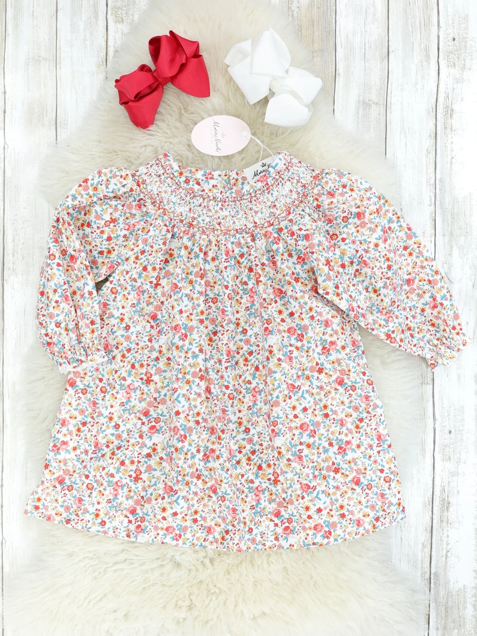 Red Ditsy Floral Smocked Dress