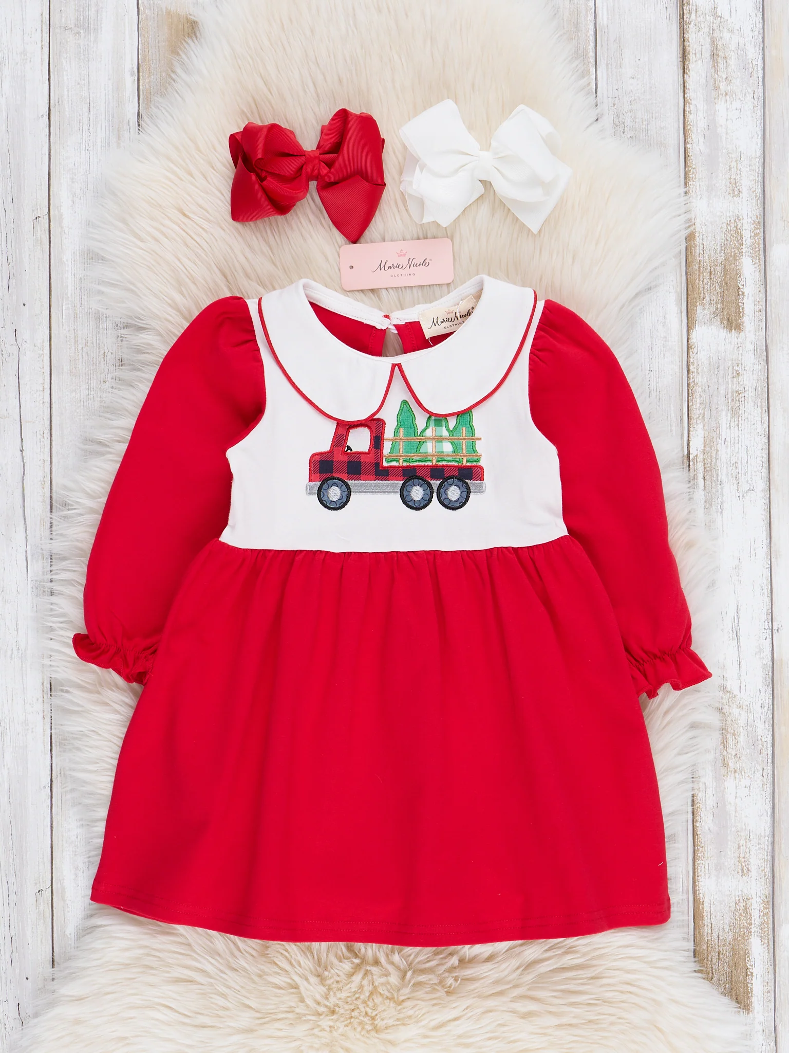 Red Embroidered Christmas Tree Truck Ruffle Dress