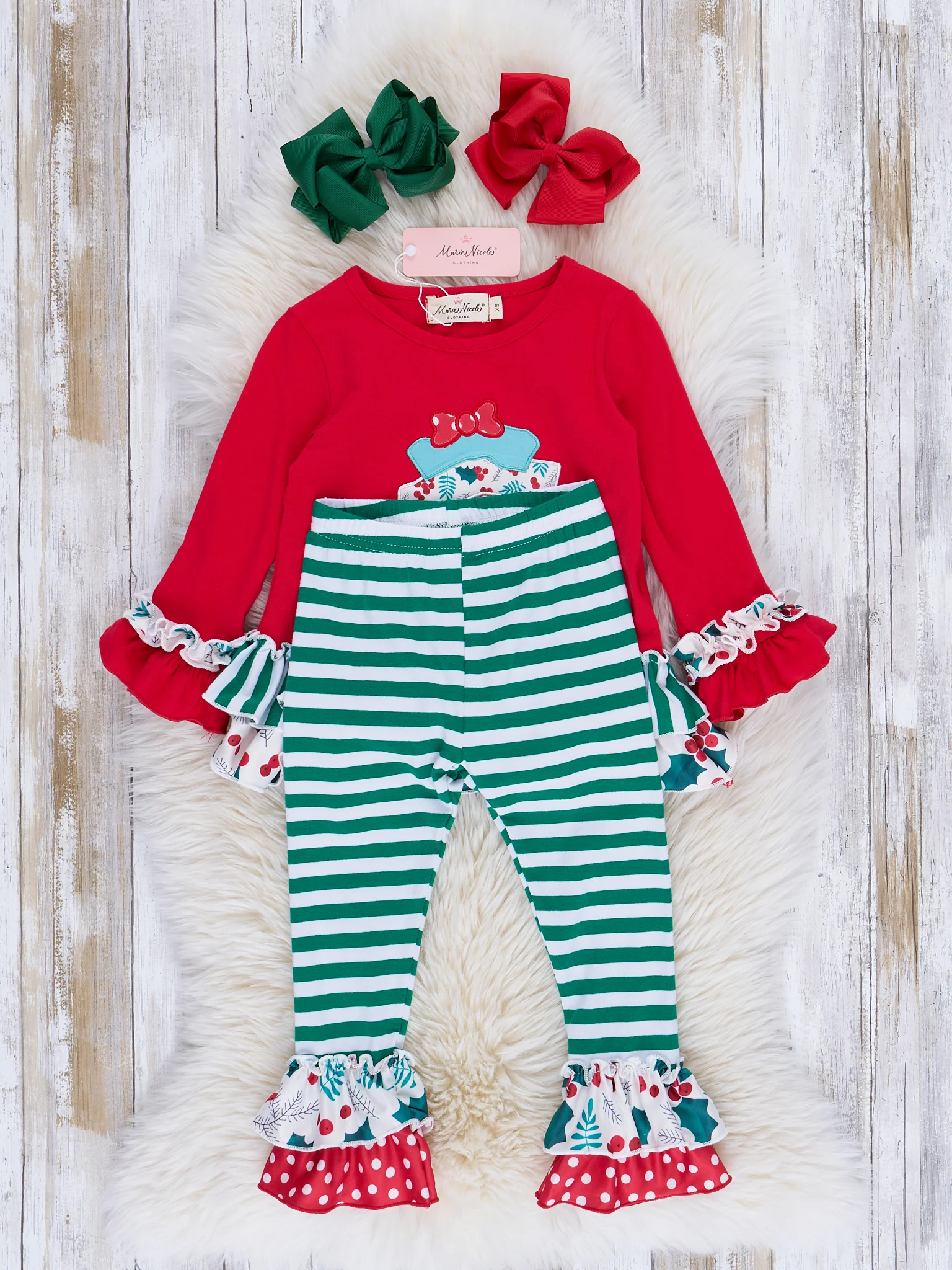 Red Embroidered Holly Striped Ruffle Outfit - Image 2