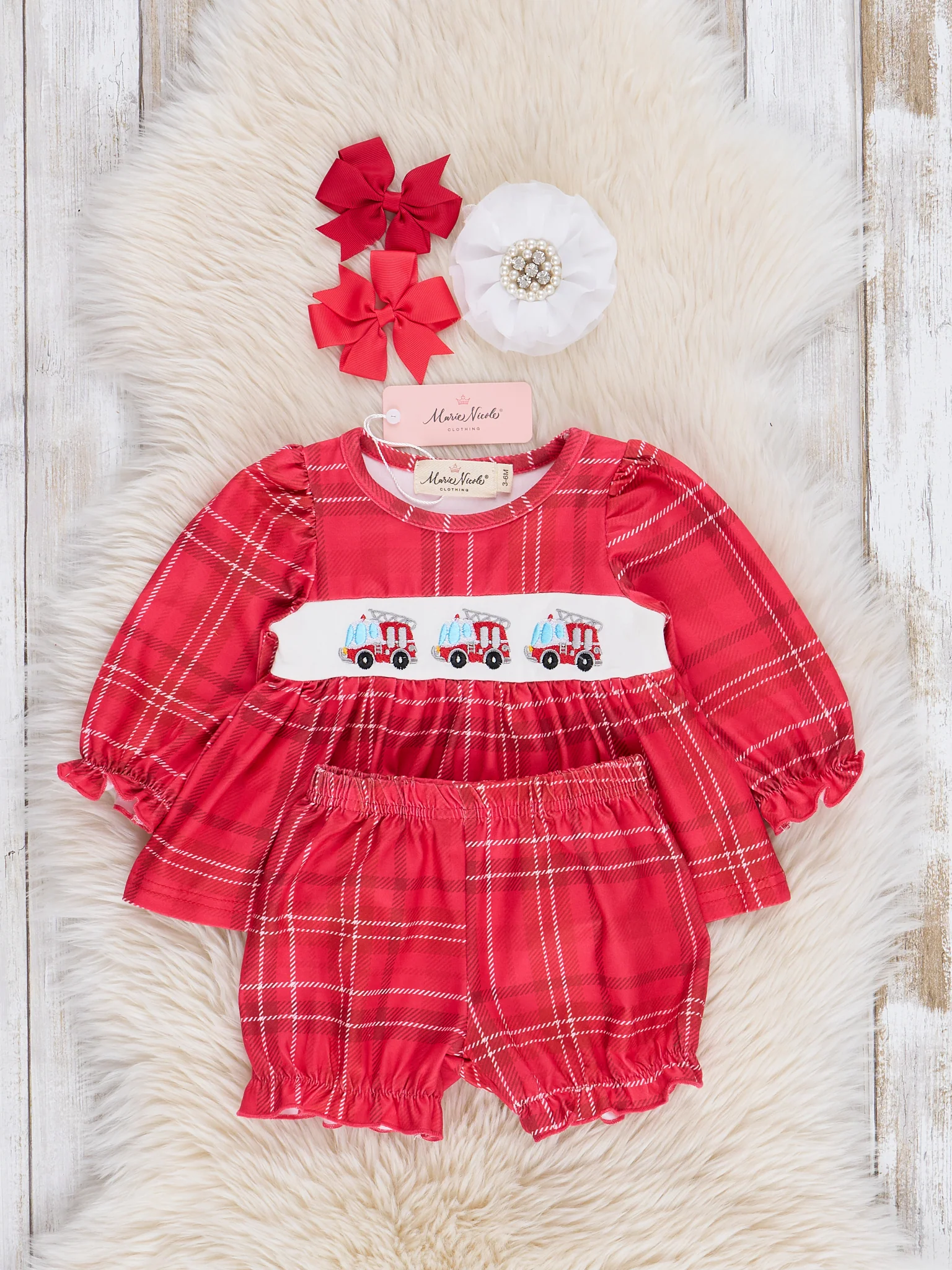Red Firetruck Plaid Bloomers Outfit - Image 2