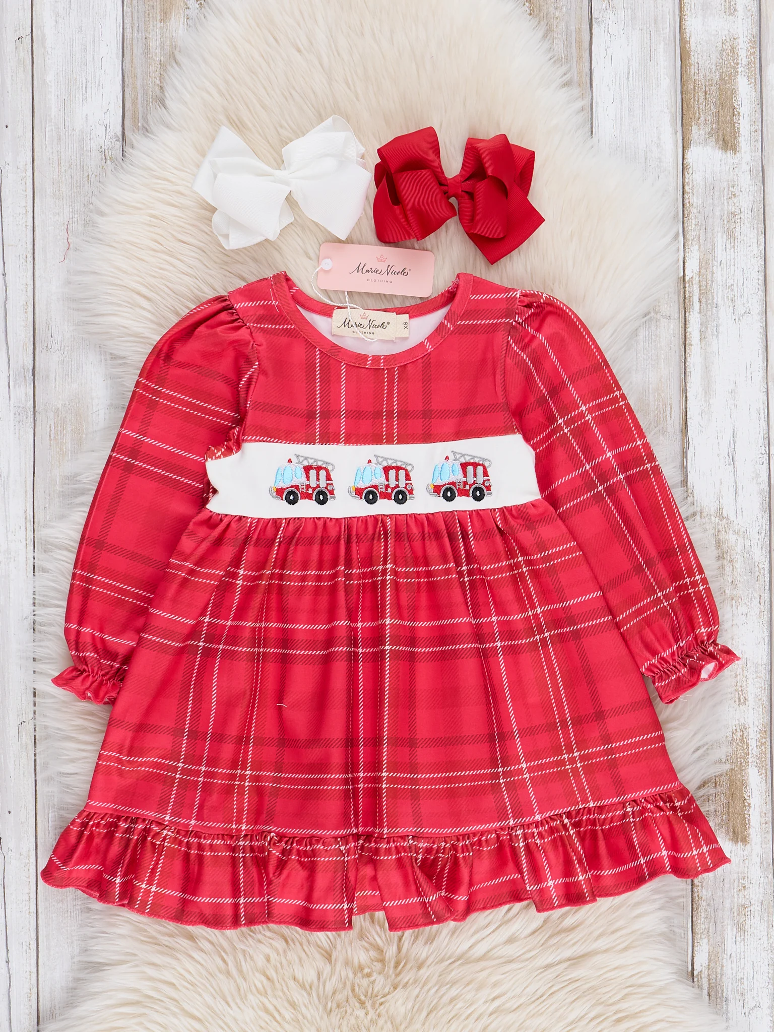 Red Firetruck Plaid Ruffle Dress