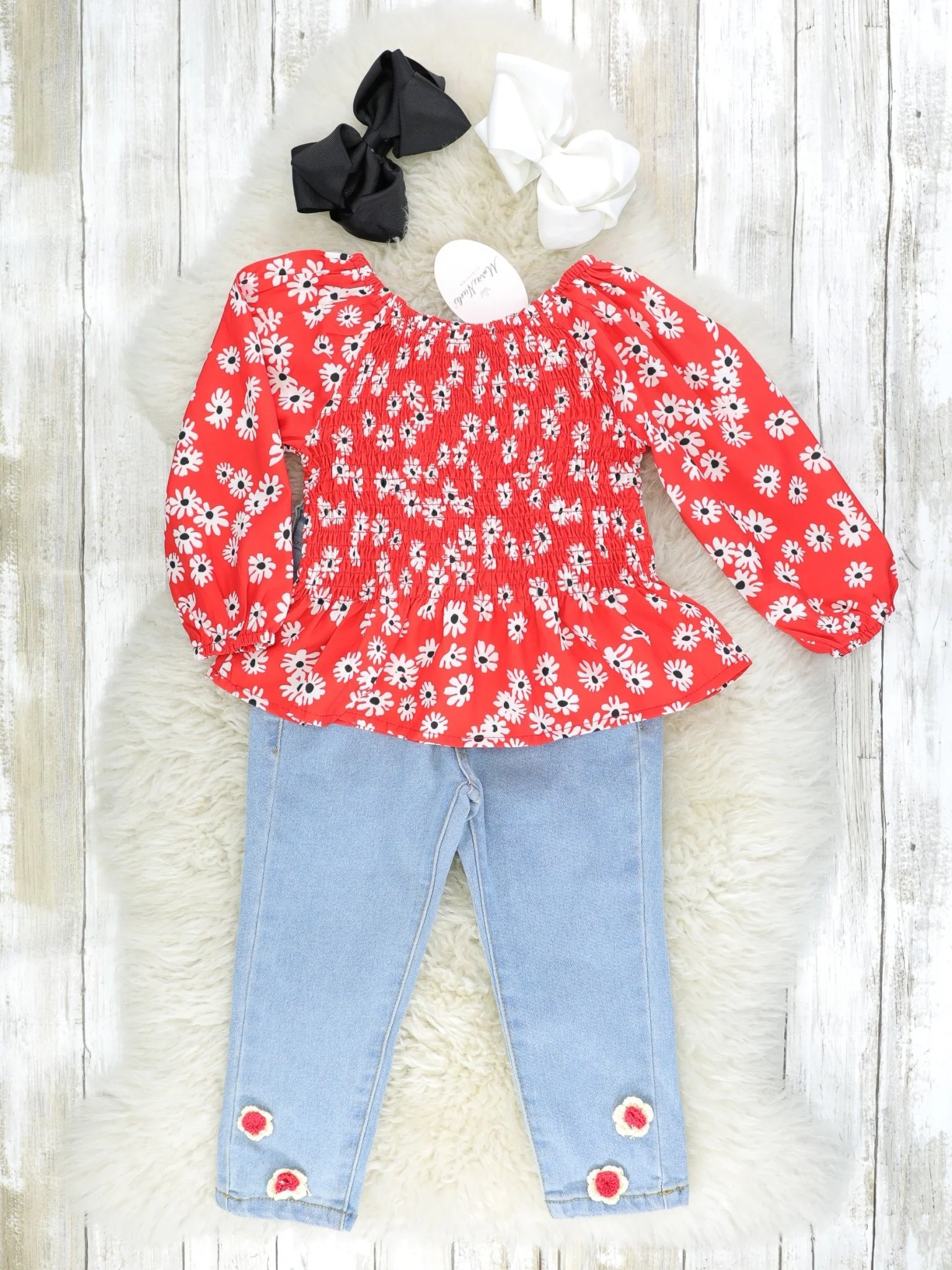Red Floral Off-The-Shoulder Smocked Top & Denim Outfit