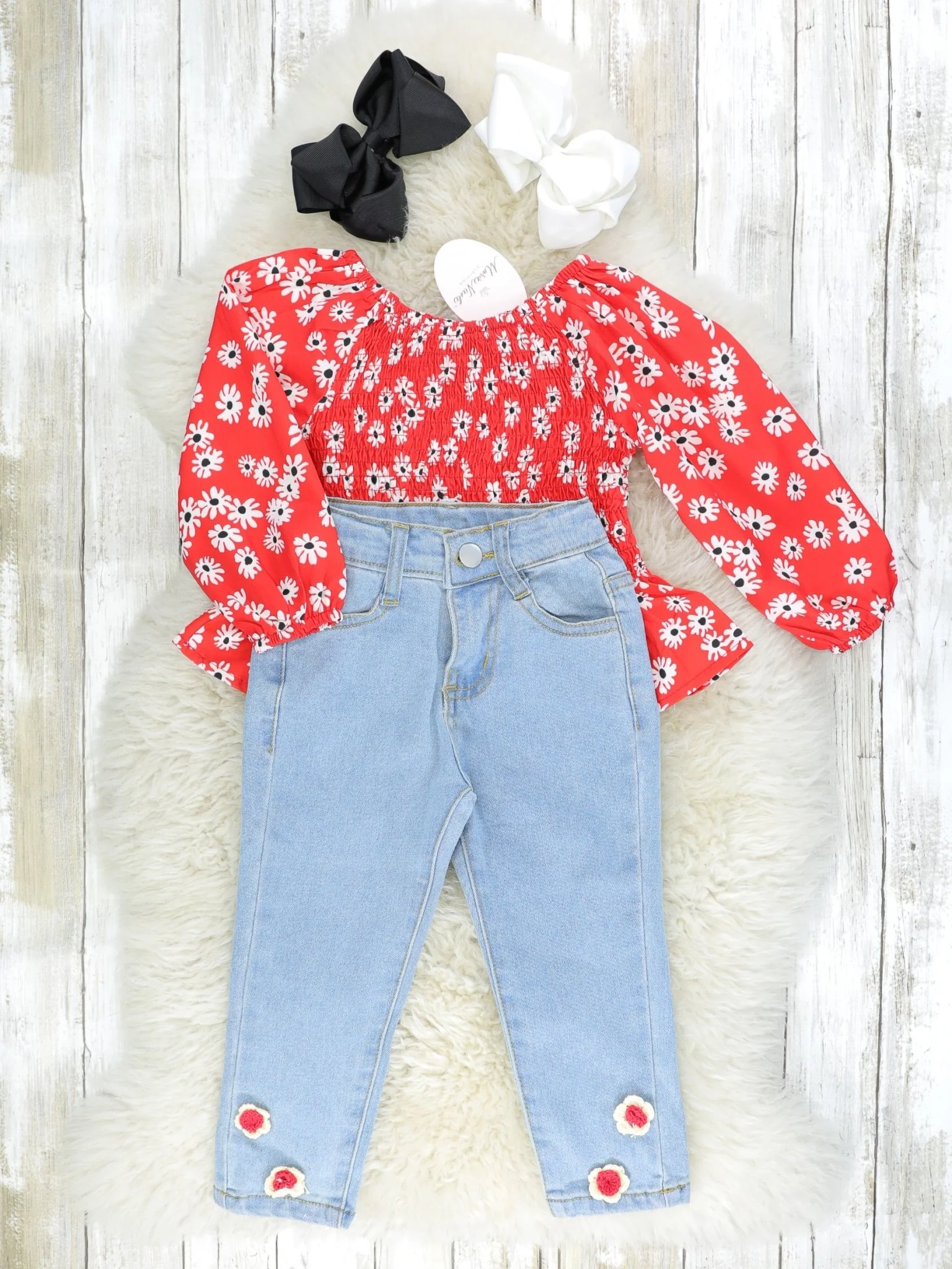 Red Floral Off-The-Shoulder Smocked Top & Denim Outfit - Image 2