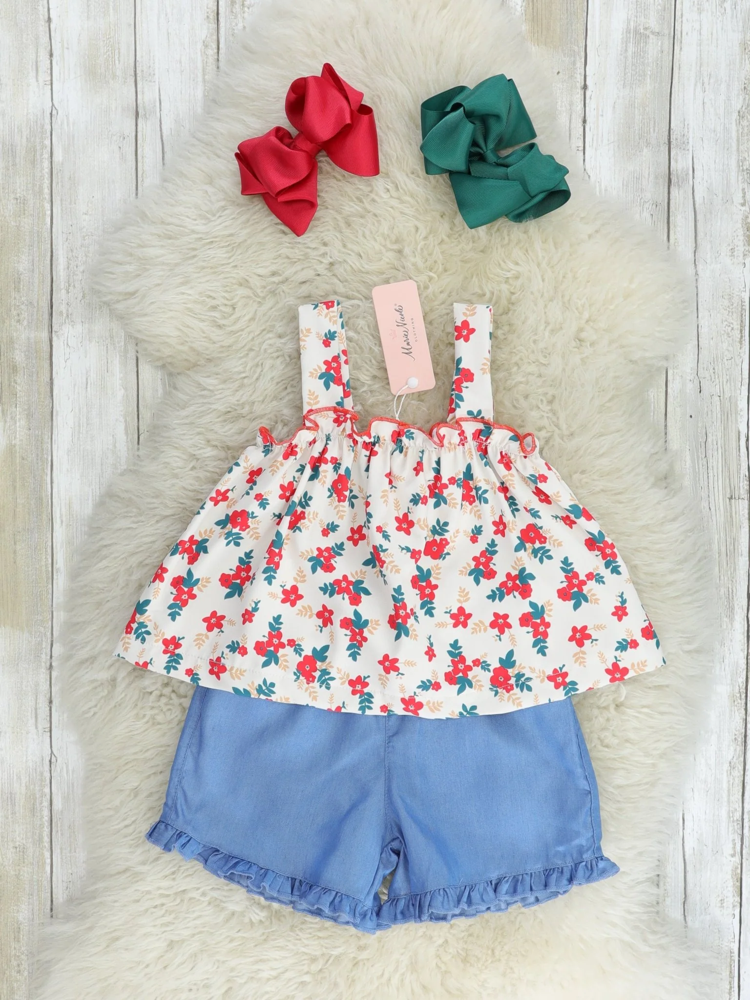 Red Floral Tank & Chambray Ruffle Shorts Outfit