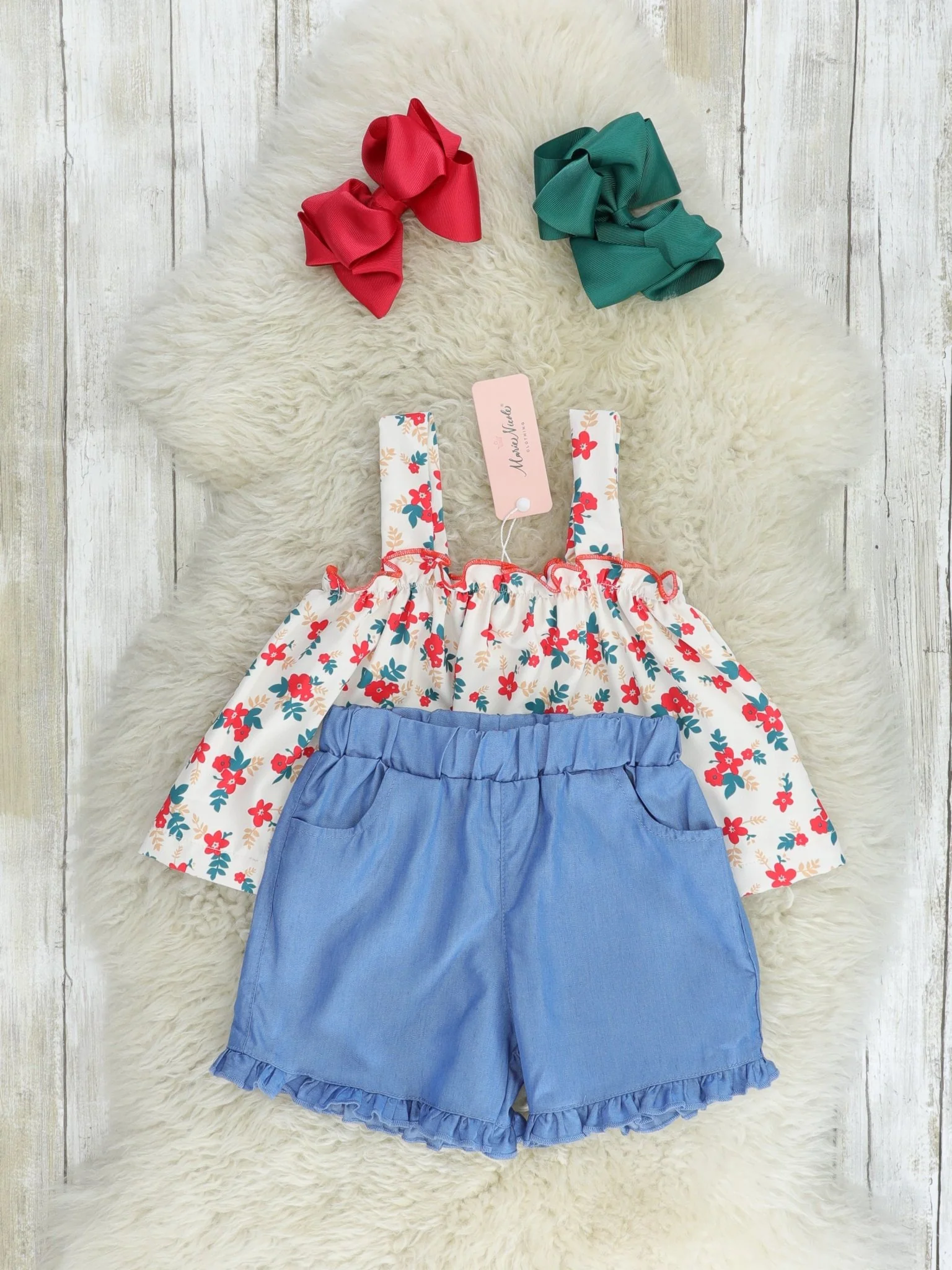 Red Floral Tank & Chambray Ruffle Shorts Outfit - Image 2