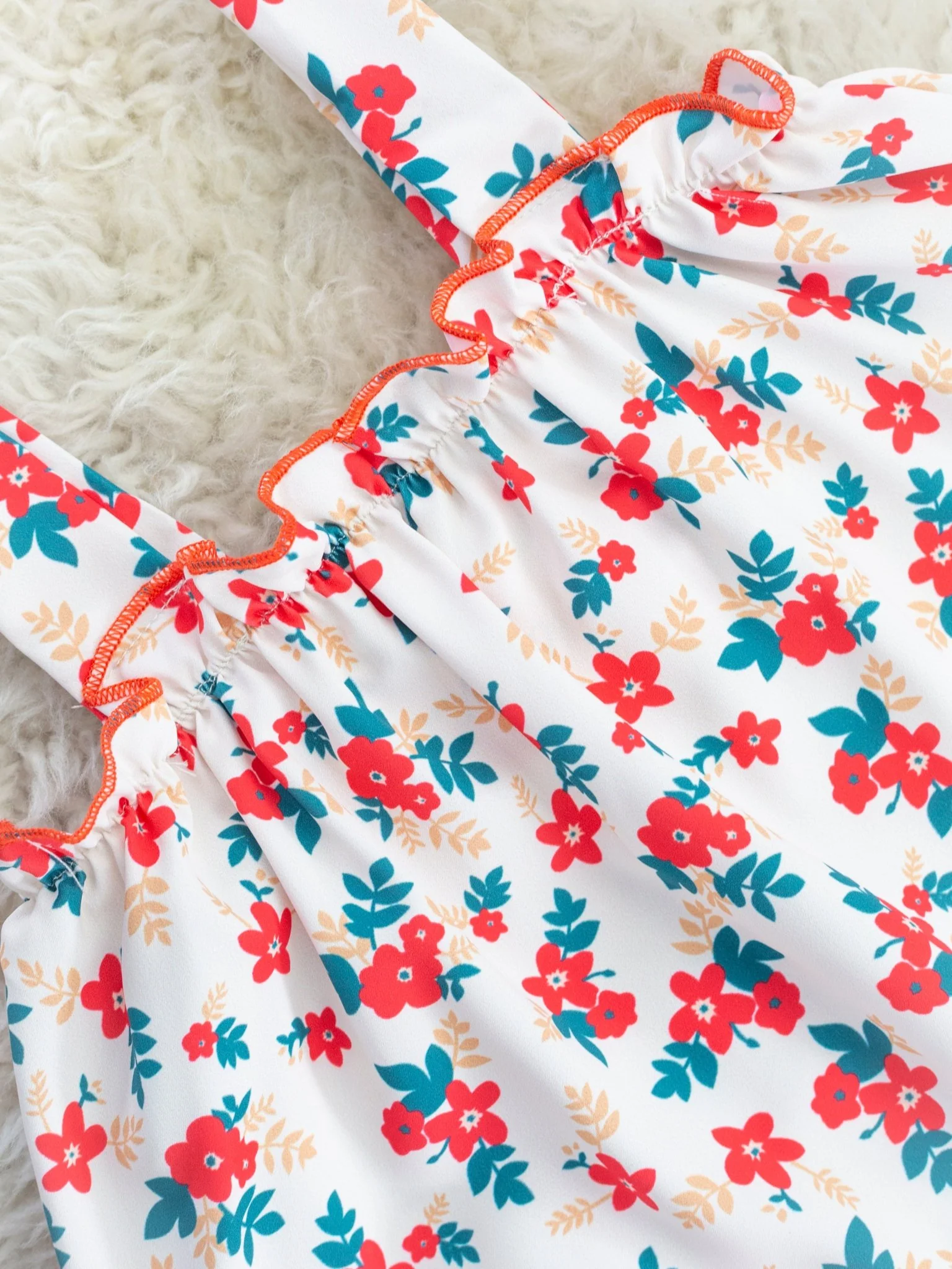 Red Floral Tank & Chambray Ruffle Shorts Outfit - Image 3