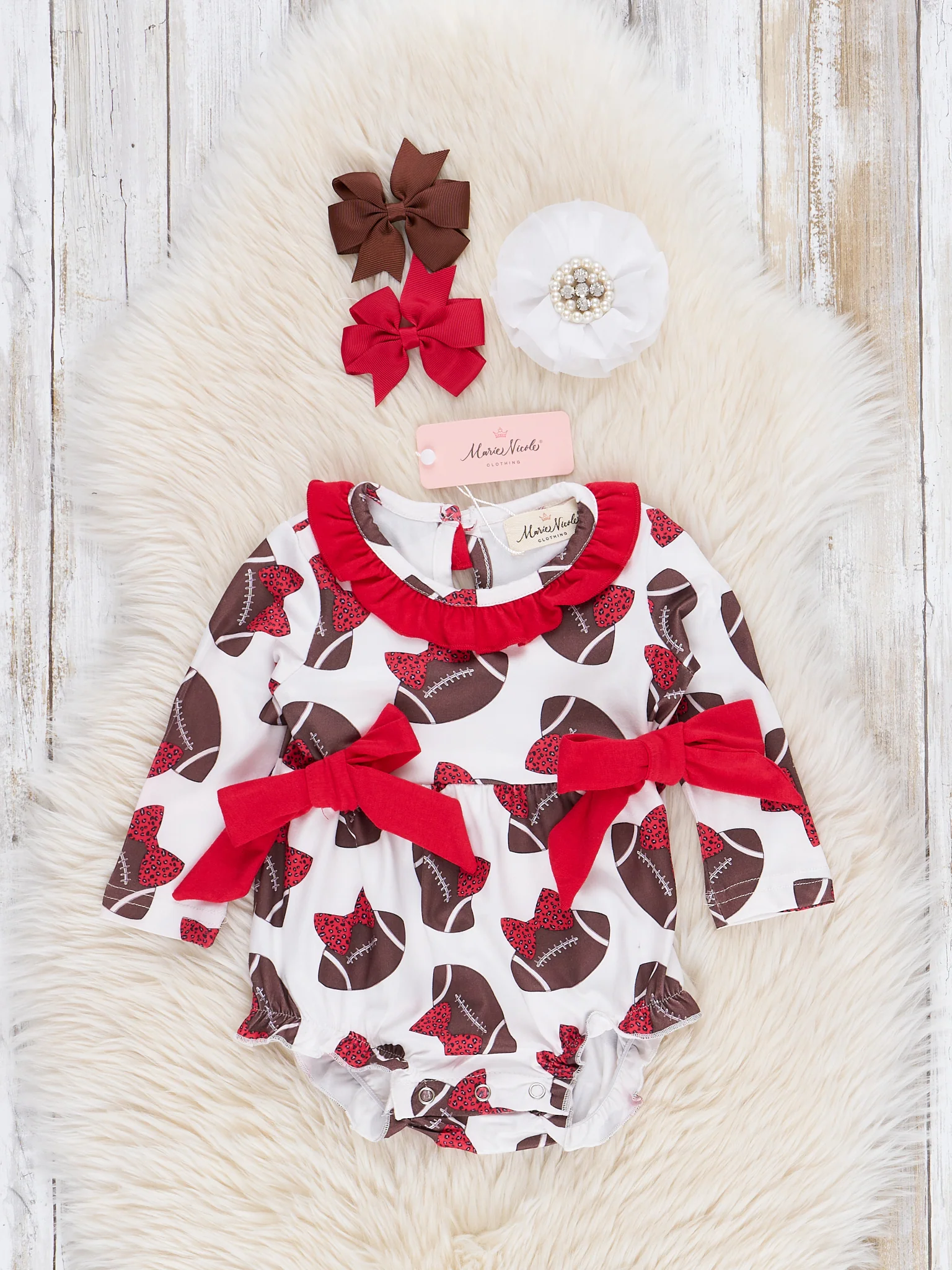 Red Football Bows Ruffle Bubble Romper