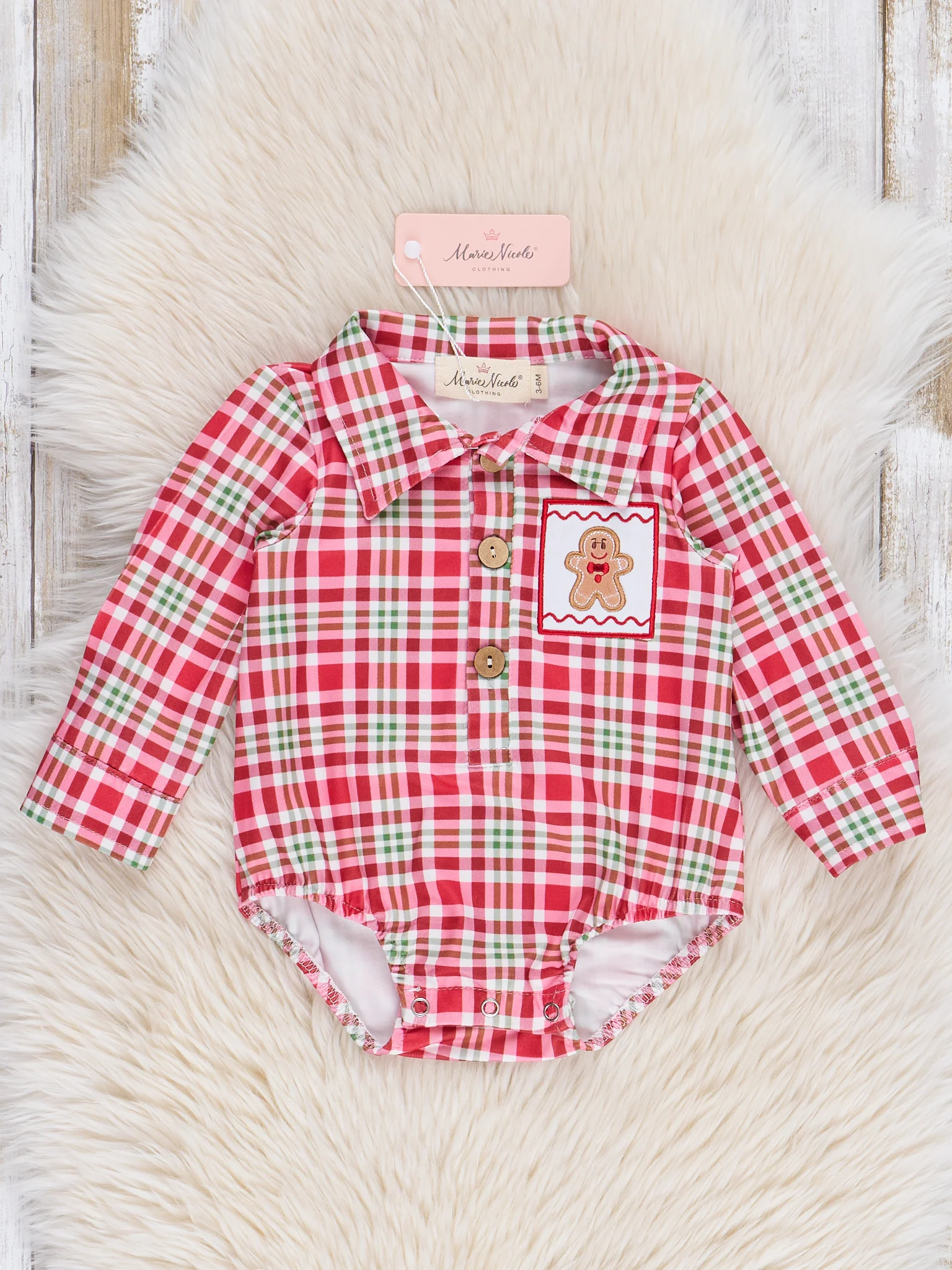 Red Gingerbread Plaid Button-Up Bubble Romper