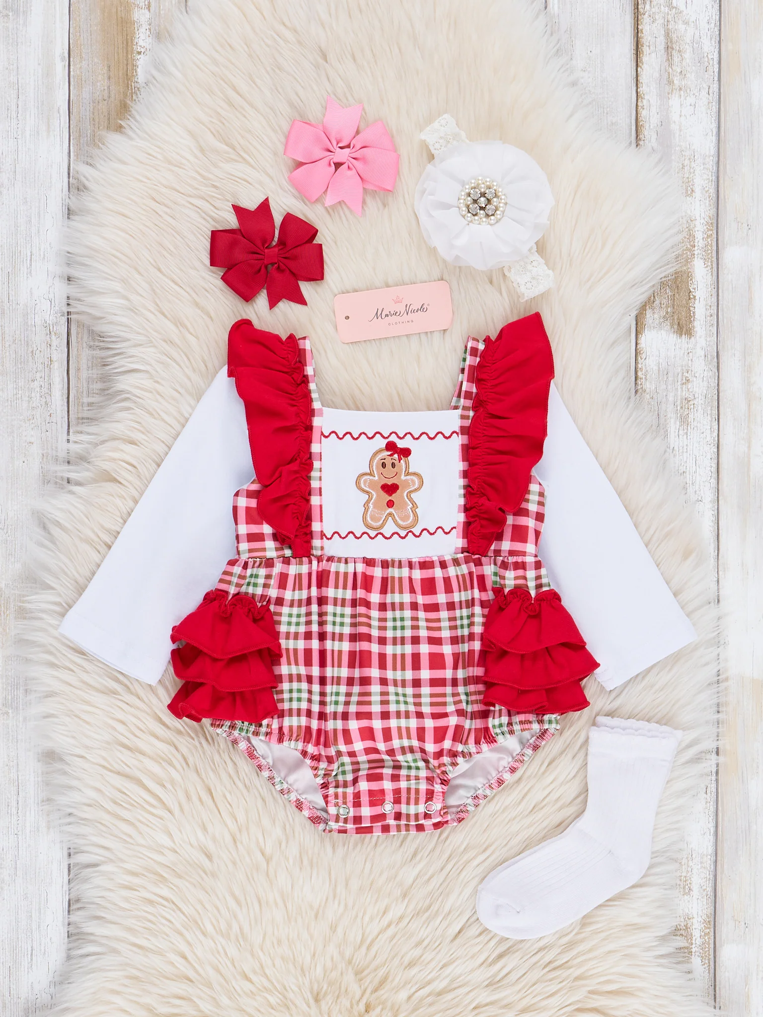Red Gingerbread Plaid Ruffle Bubble Romper