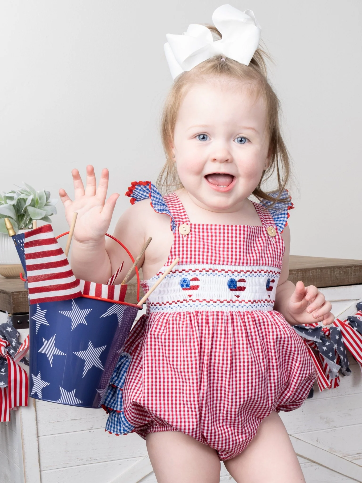 Red Gingham American Heart Smocked Bubble Romper