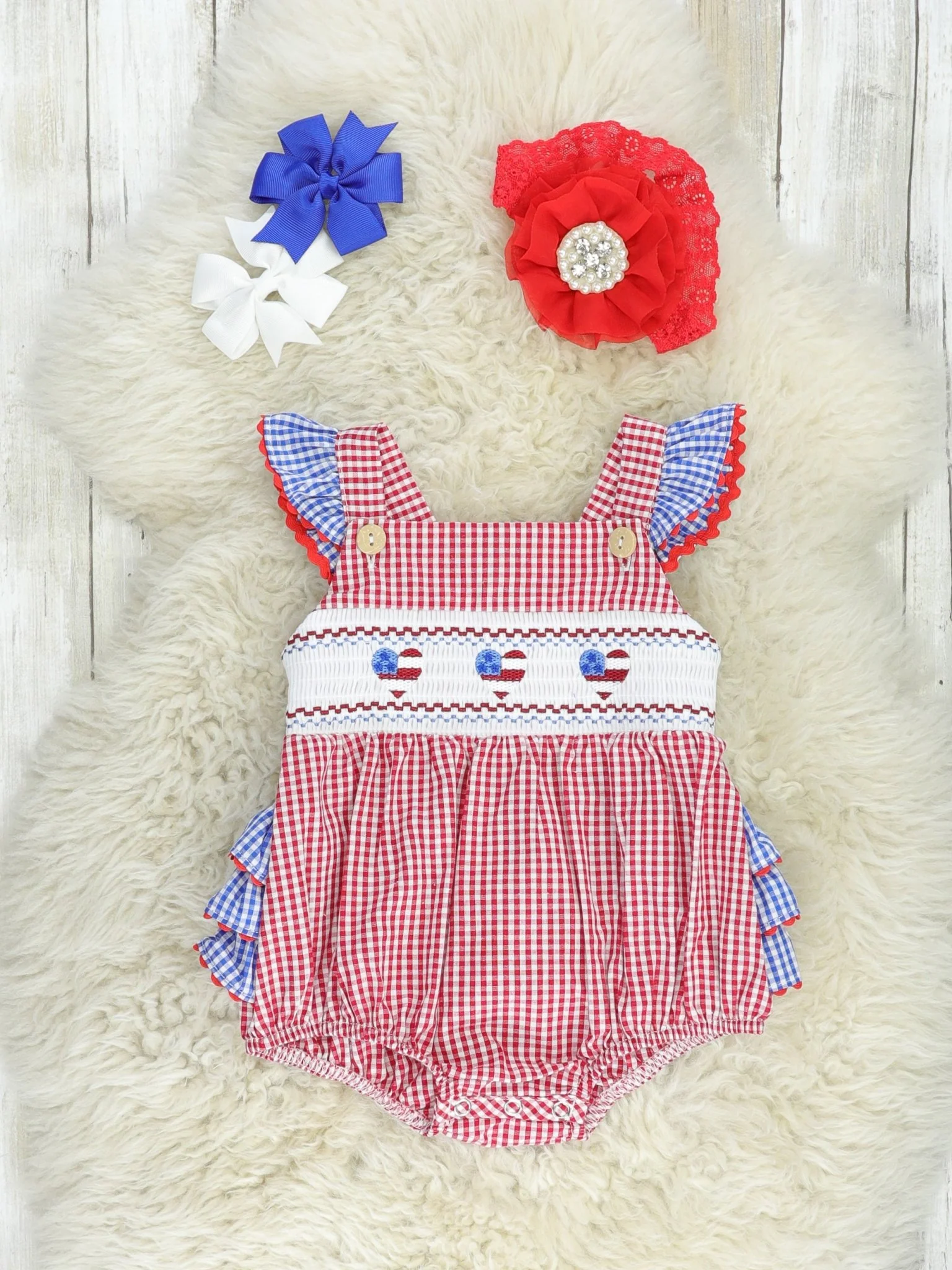 Red Gingham American Heart Smocked Bubble Romper - Image 2