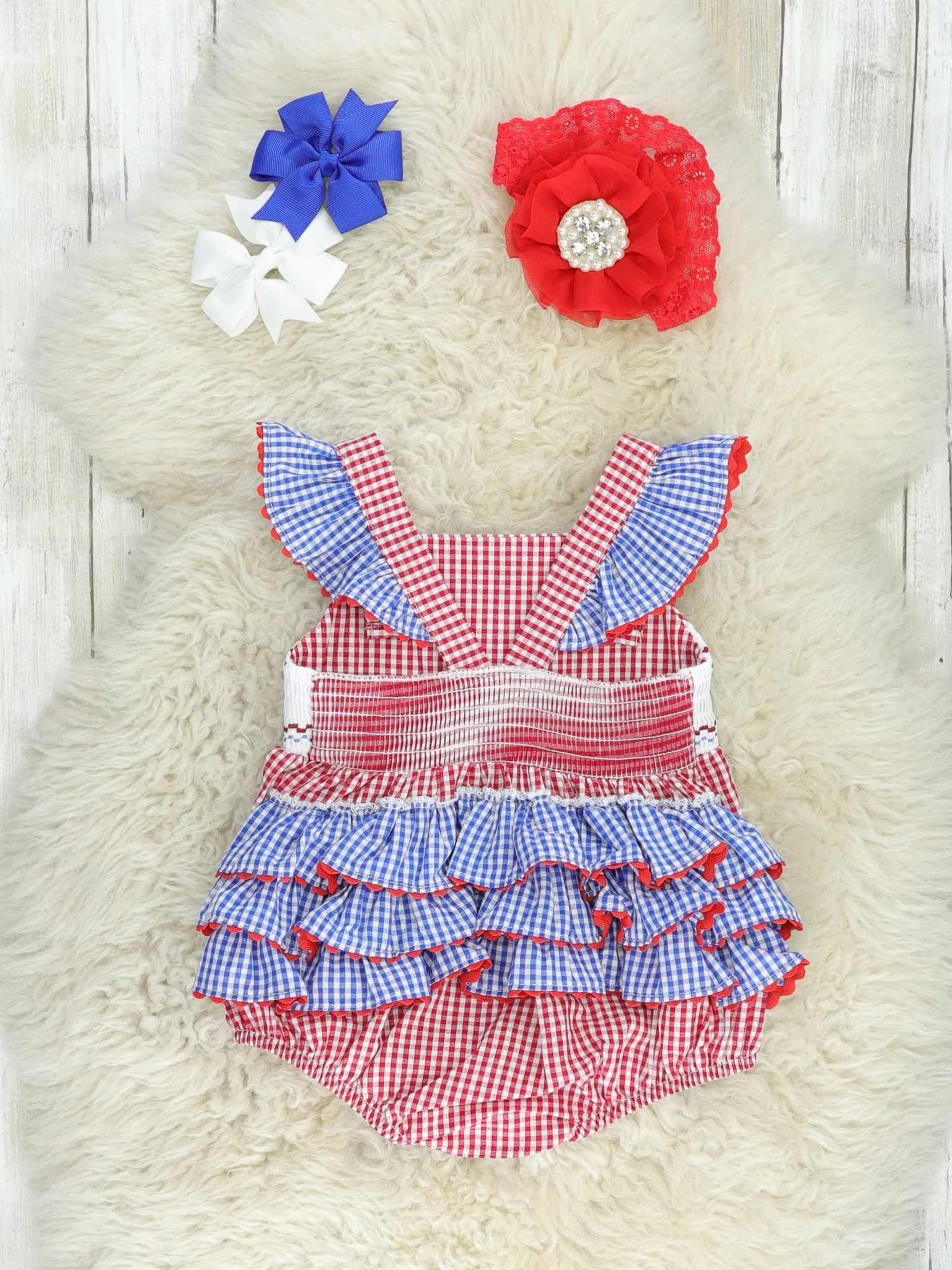 Red Gingham American Heart Smocked Bubble Romper - Image 3
