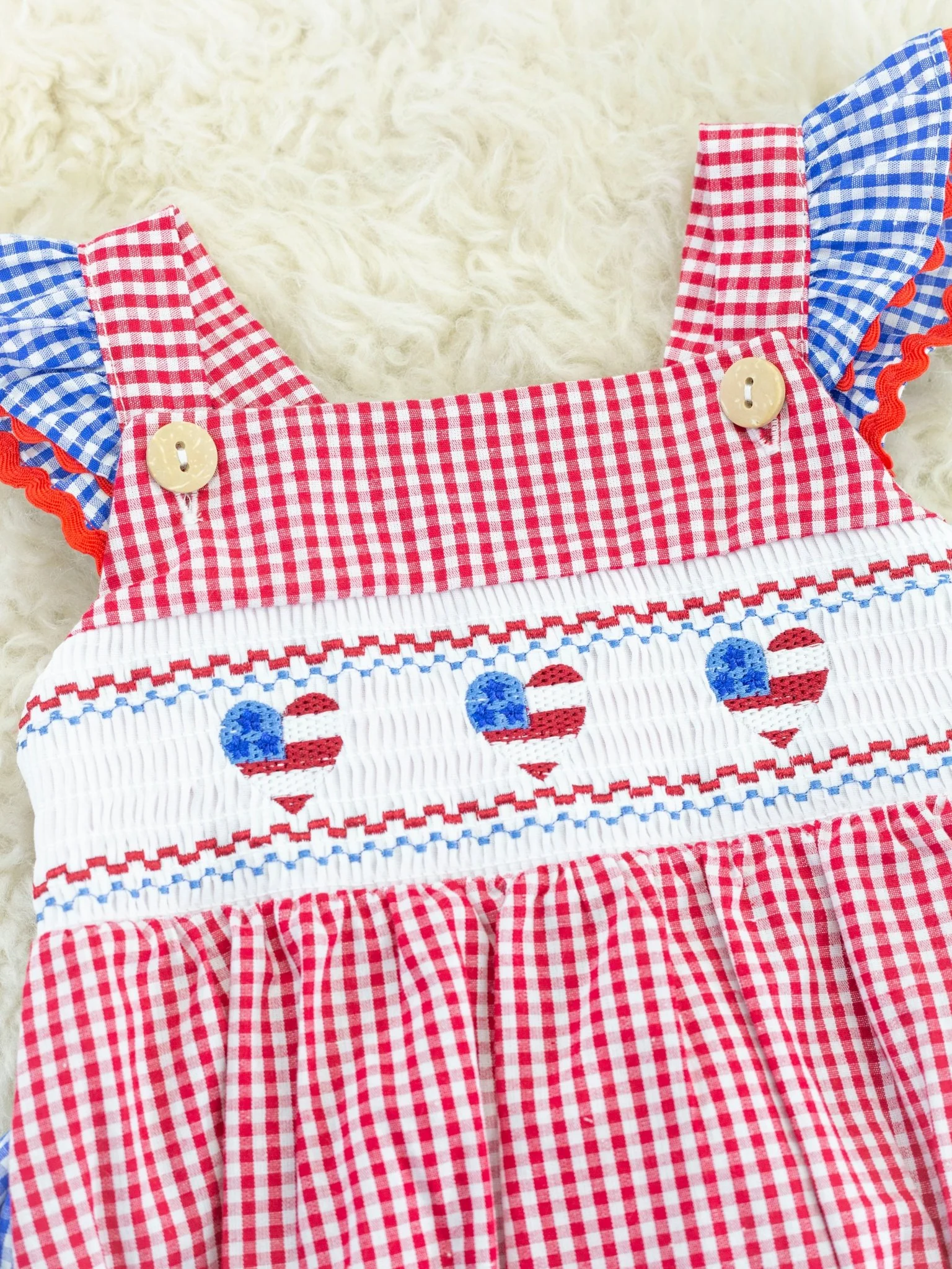 Red Gingham American Heart Smocked Bubble Romper - Image 4