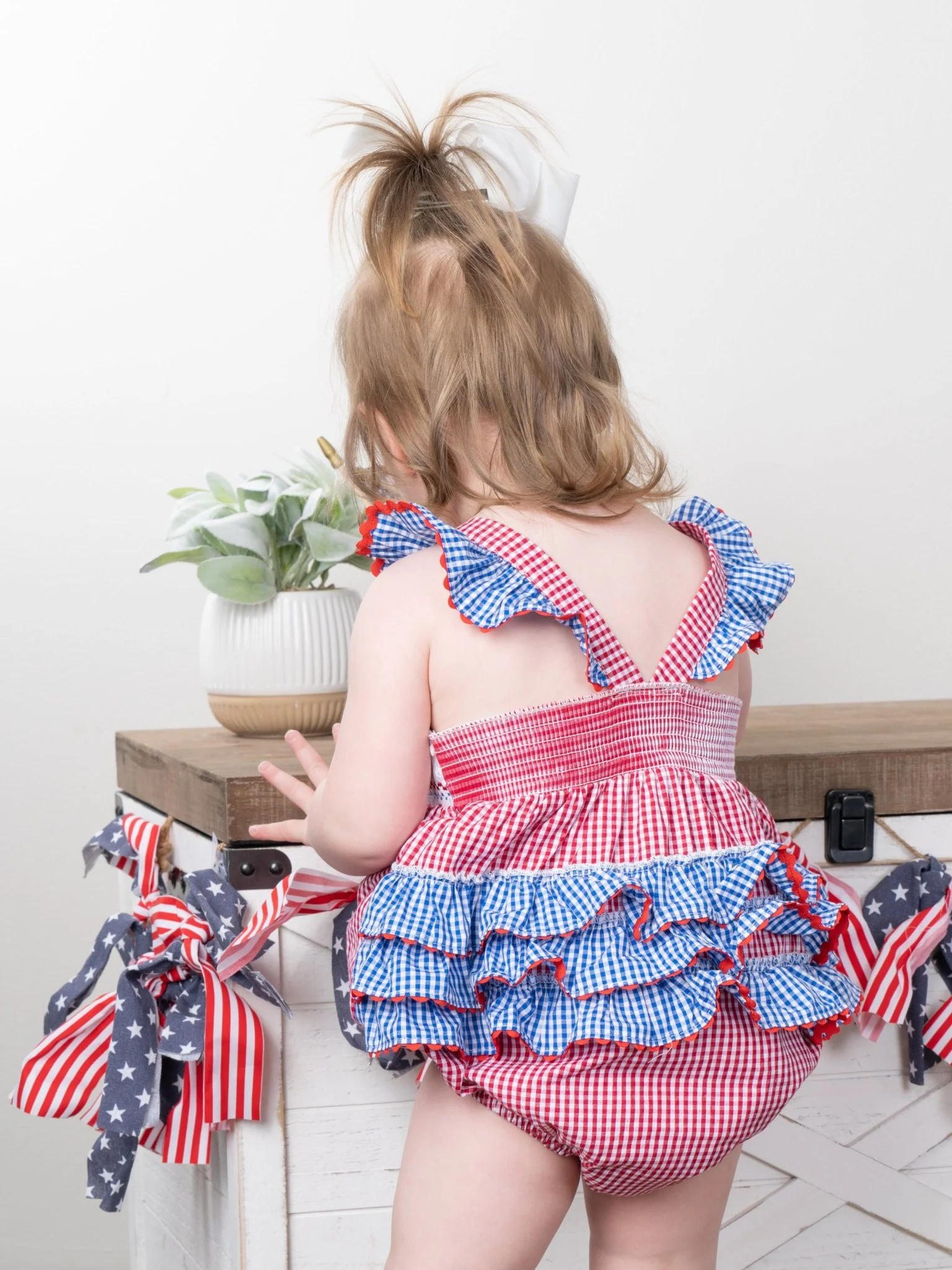 Red Gingham American Heart Smocked Bubble Romper - Image 5