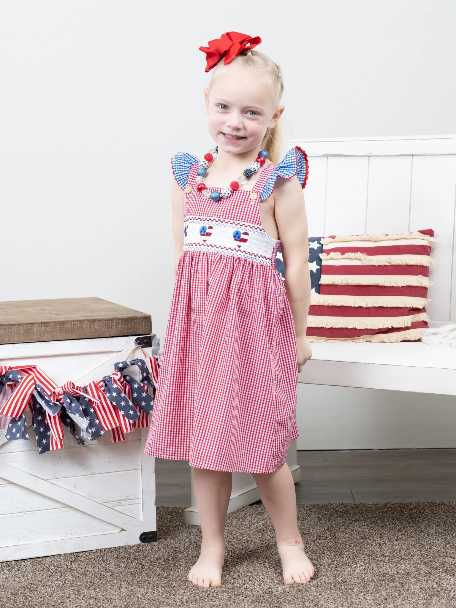 Red Gingham American Heart Smocked Dress