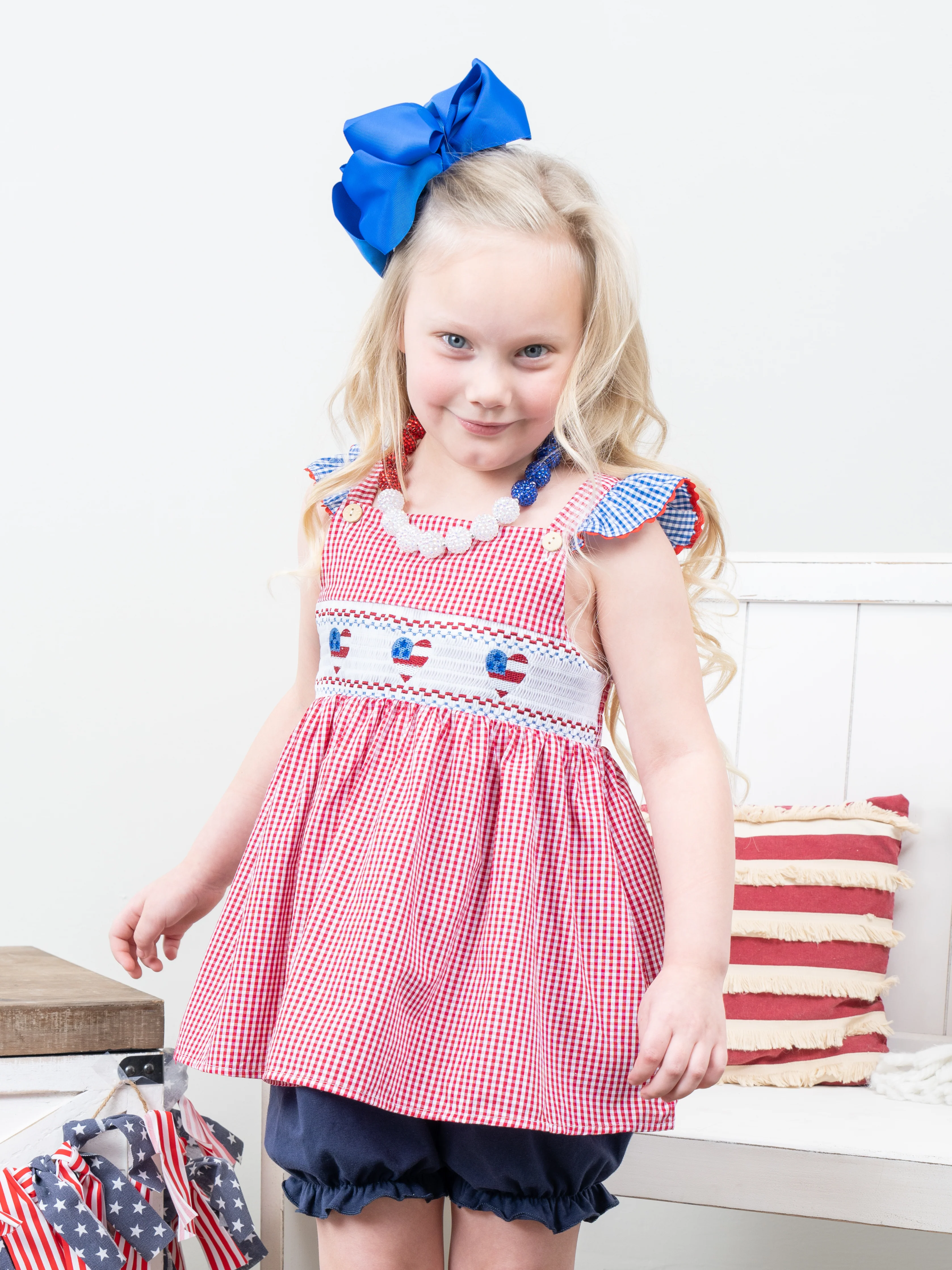 Red Gingham American Heart Smocked Outfit