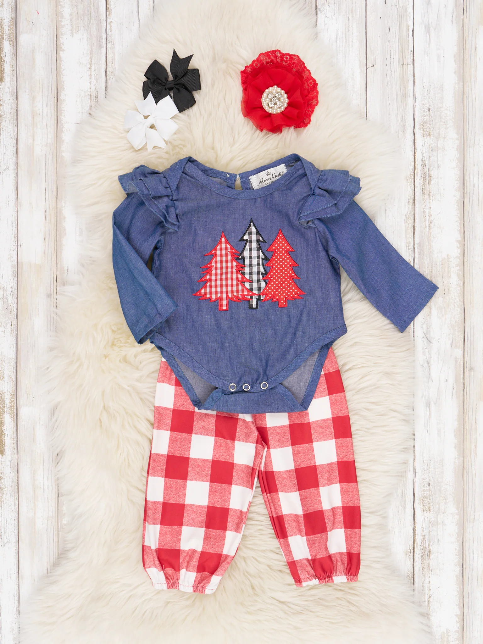Red Gingham Chambray Christmas Tree Ruffle Onesie Outfit