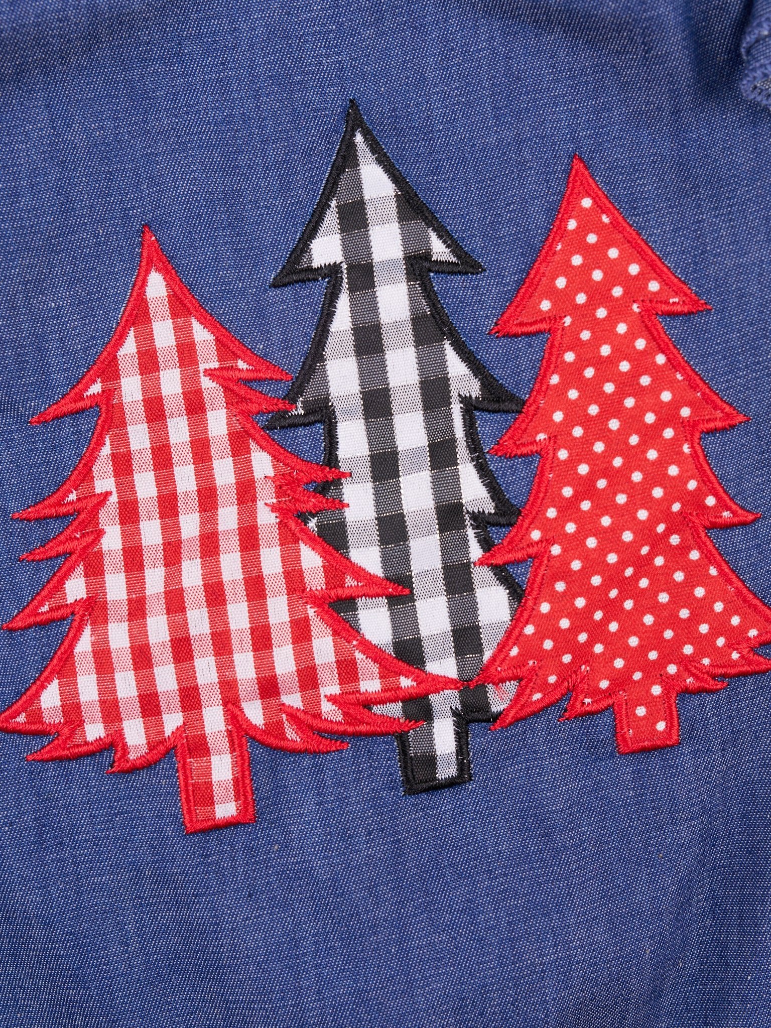 Red Gingham Chambray Christmas Tree Ruffle Onesie Outfit - Image 4