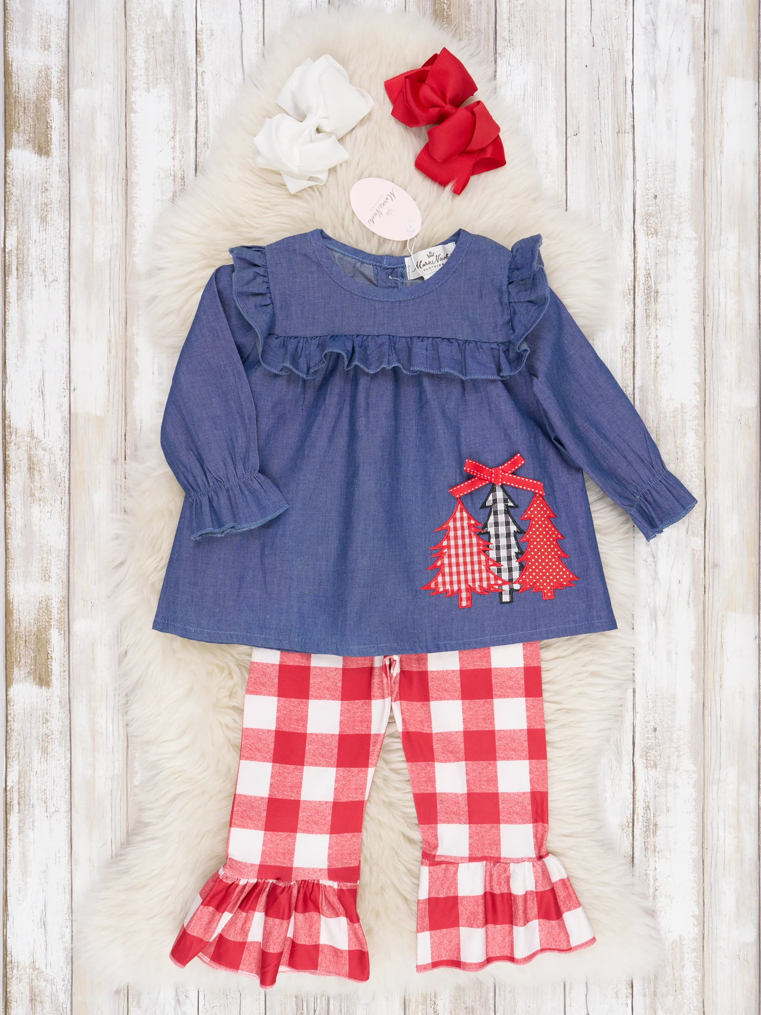 Red Gingham Chambray Christmas Tree Ruffle Outfit