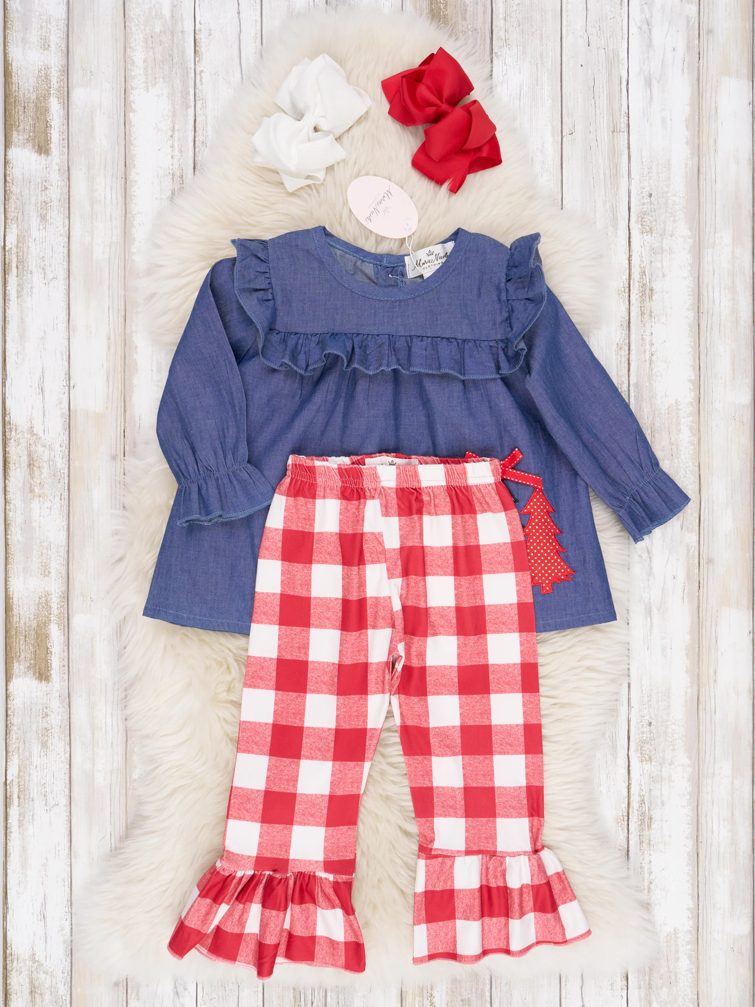 Red Gingham Chambray Christmas Tree Ruffle Outfit - Image 2