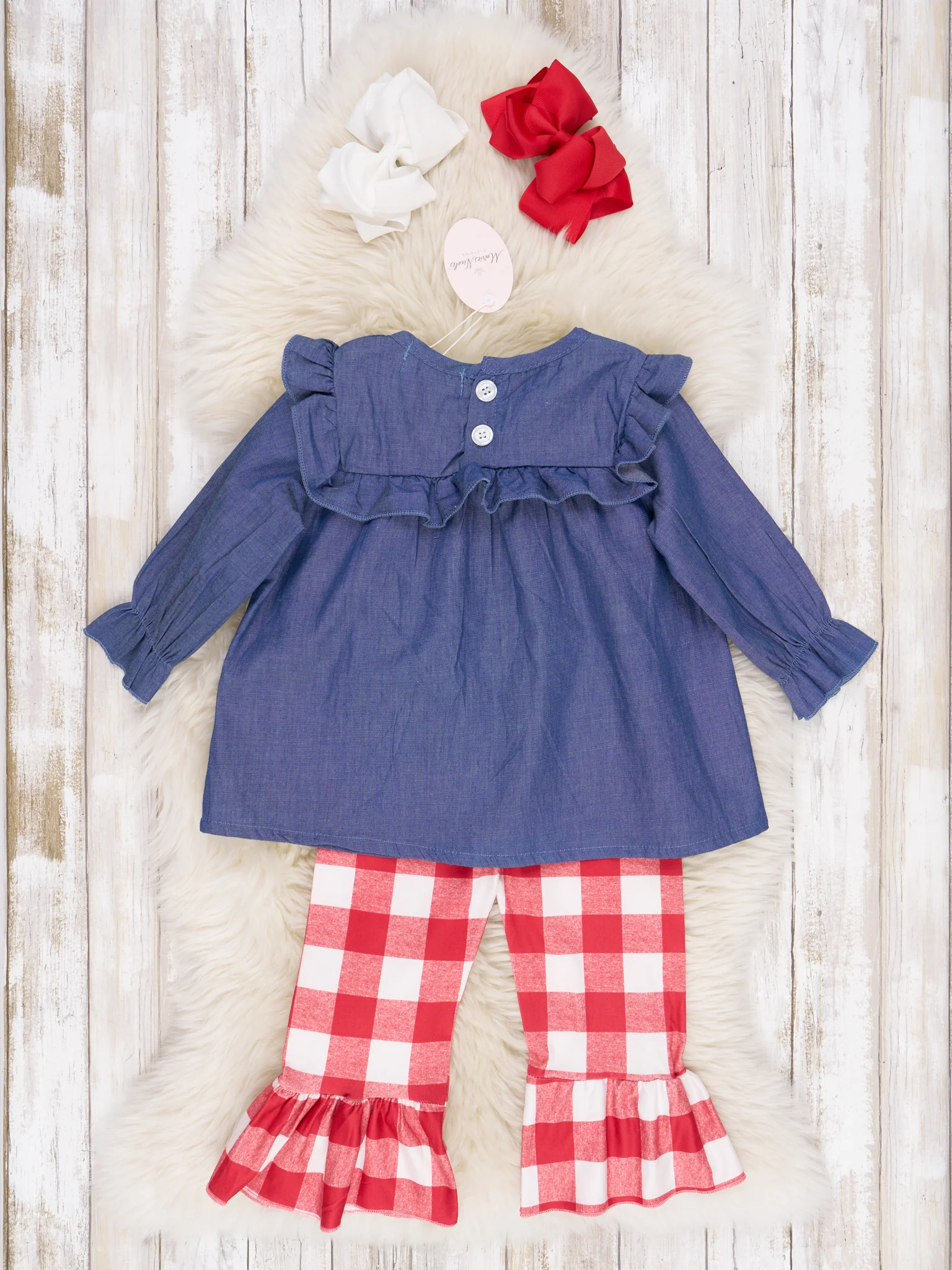Red Gingham Chambray Christmas Tree Ruffle Outfit - Image 3