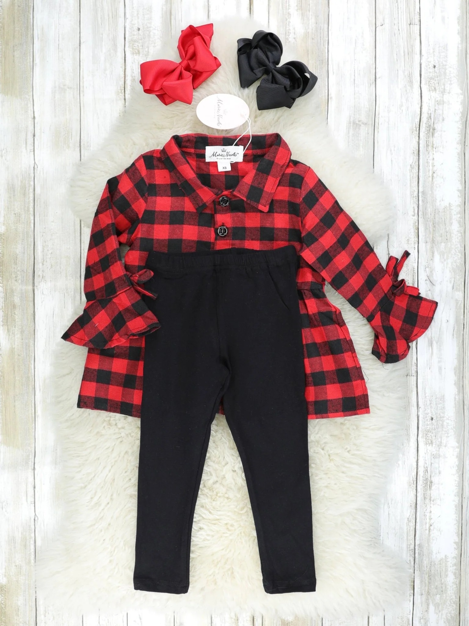 Red Gingham Ruffle Tunic W/ Fur Vest & Black Bottoms Outfit - Image 3