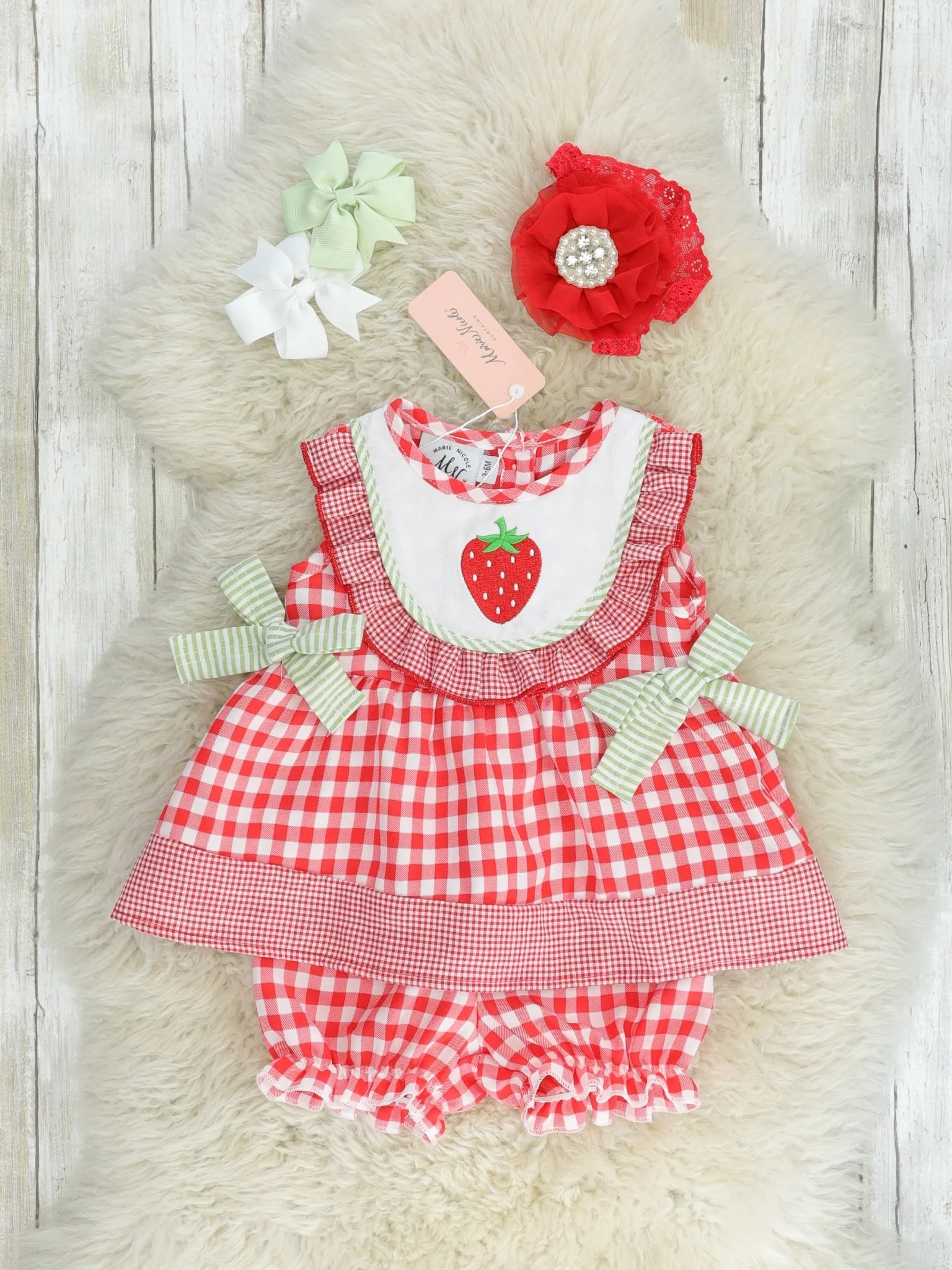 Red Gingham Strawberry Bib Collar Bloomers Outfit