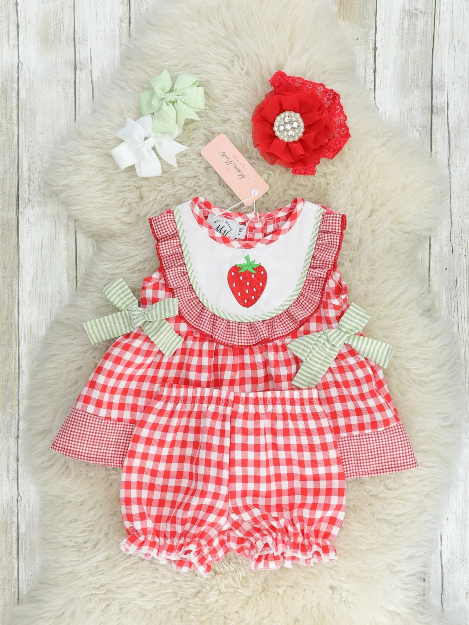 Red Gingham Strawberry Bib Collar Bloomers Outfit - Image 2