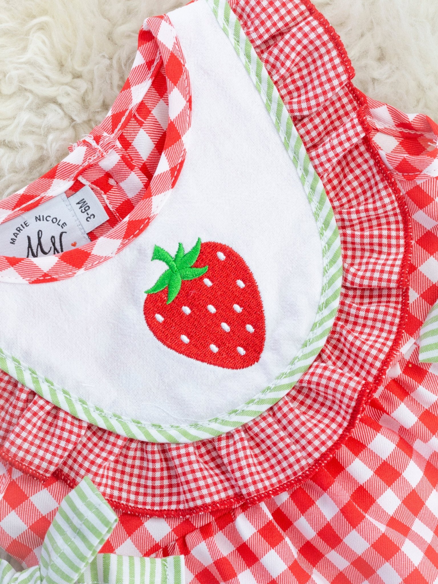 Red Gingham Strawberry Bib Collar Bloomers Outfit - Image 3