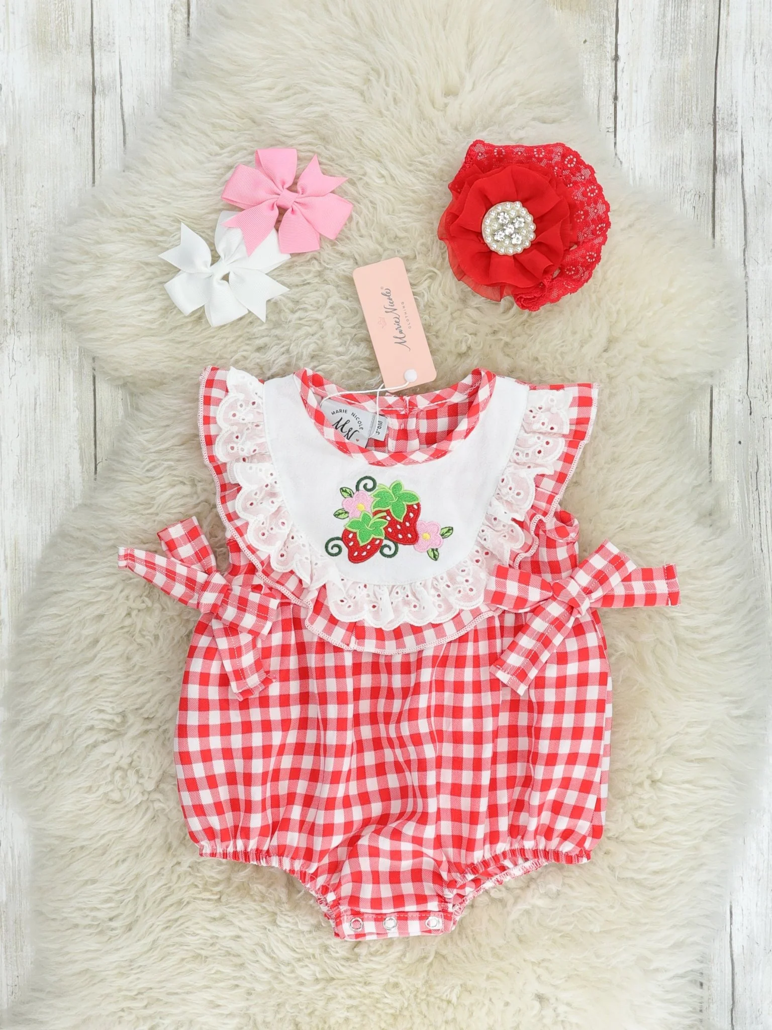 Red Gingham Strawberry Bib Collar Bubble Romper