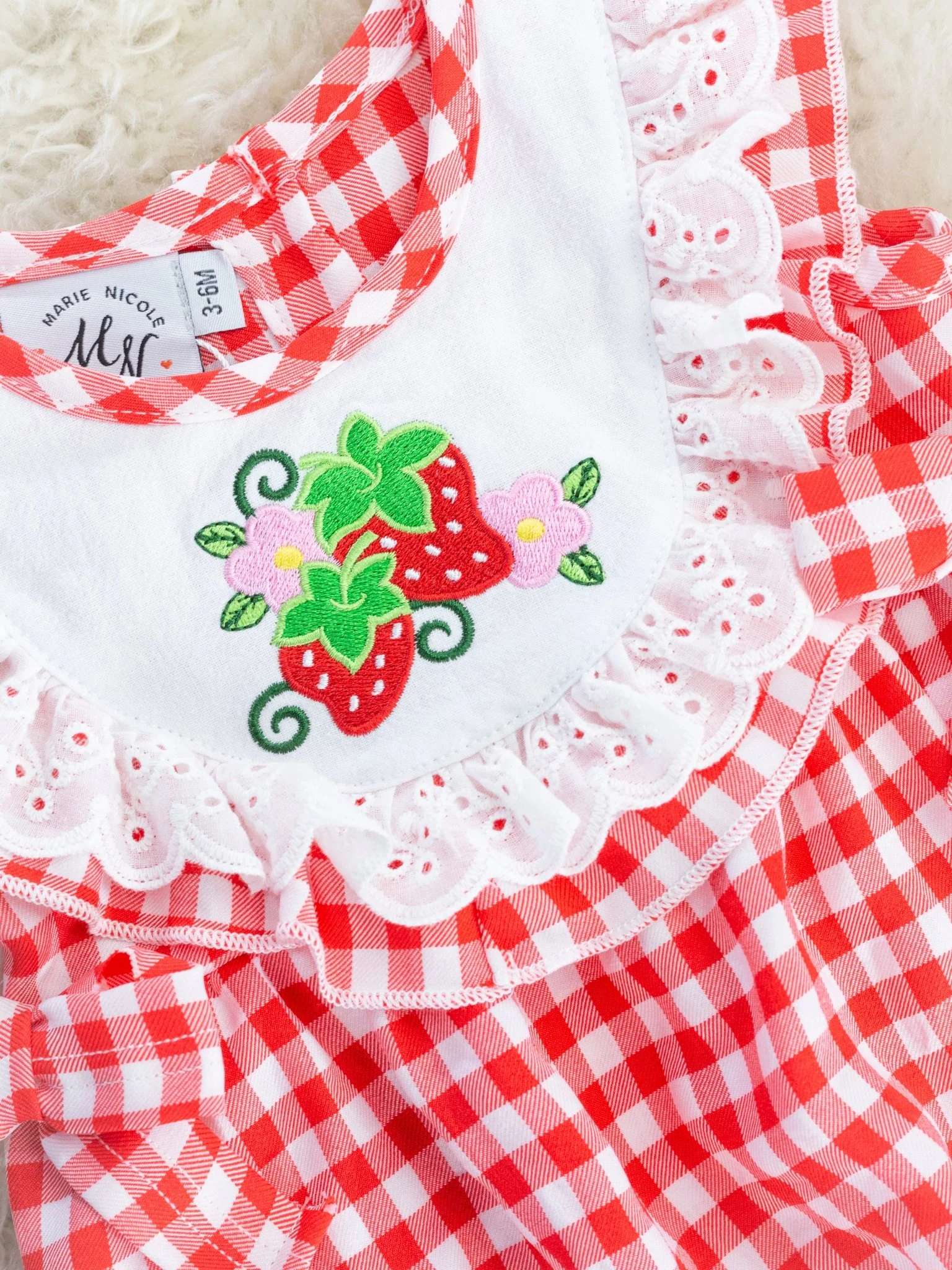 Red Gingham Strawberry Bib Collar Bubble Romper - Image 2