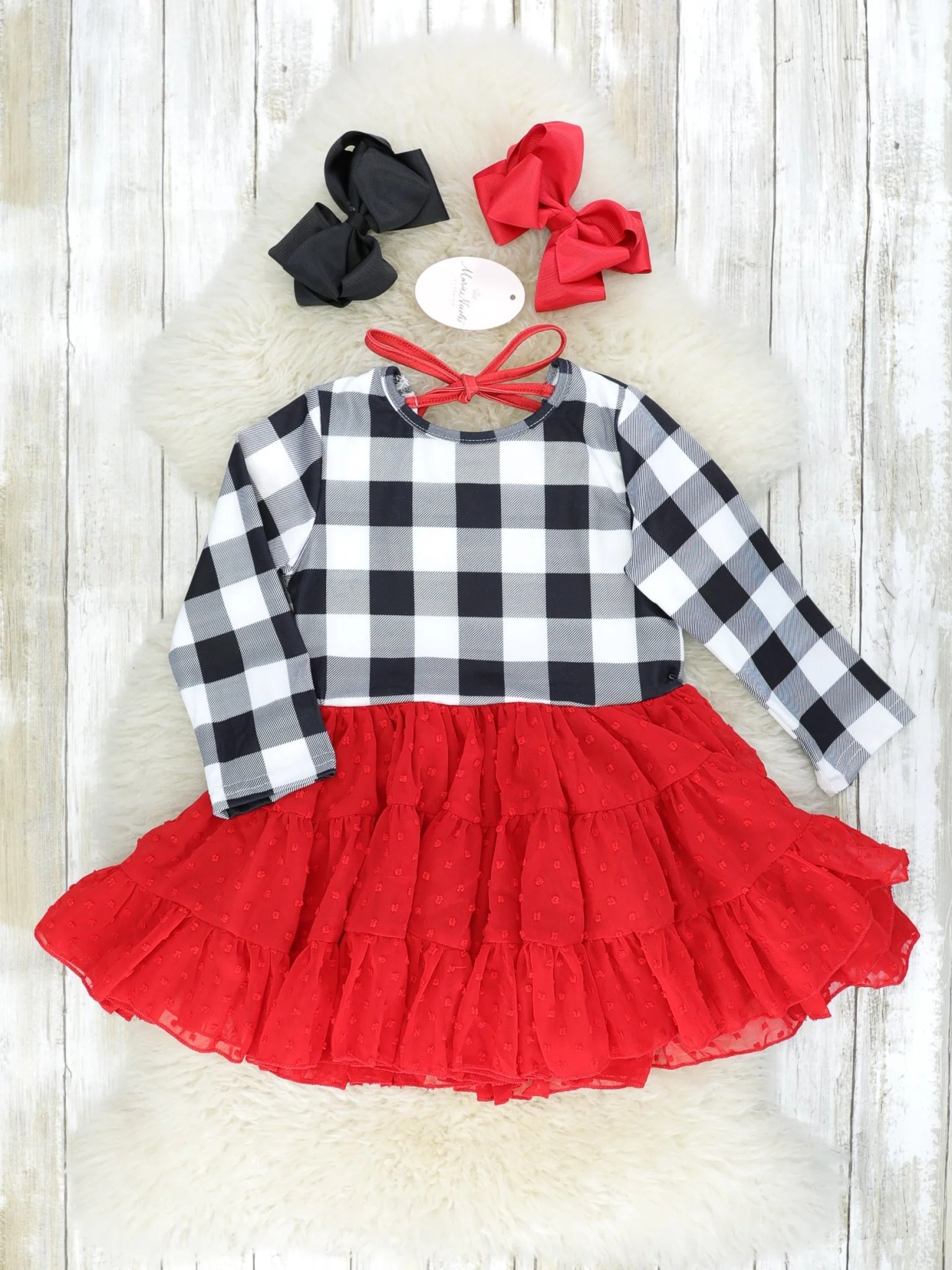 Red Gingham Swiss Dot Tiered Dress