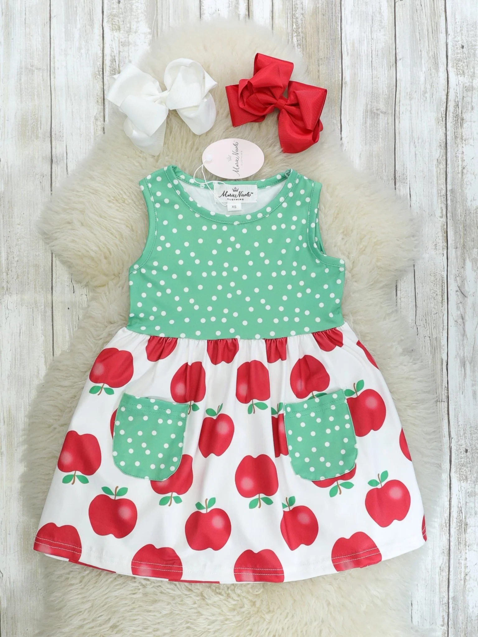 Red & Green Apple Ruffle Pocket Dress
