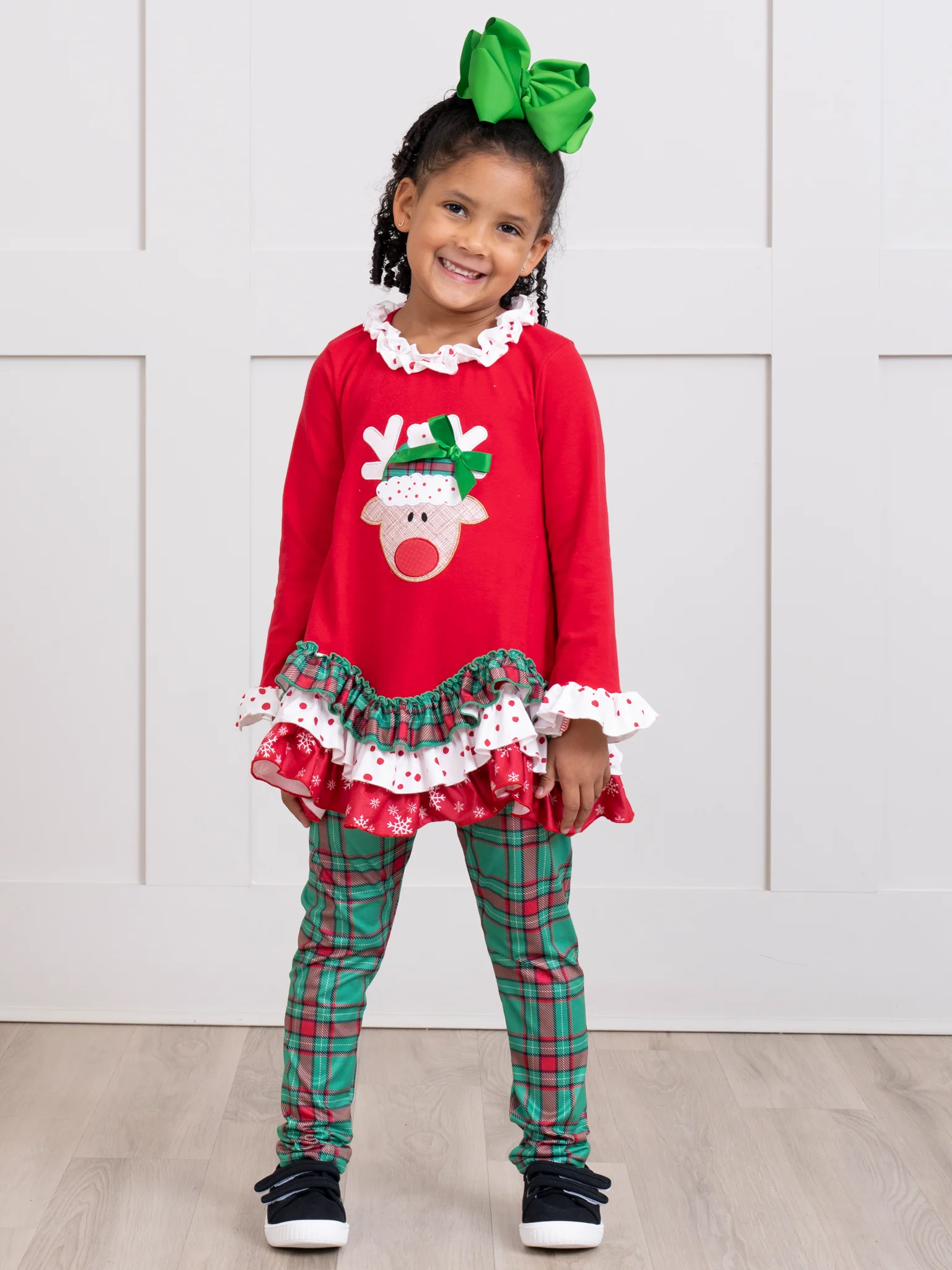 Red & Green Embroidered Reindeer Ruffle Outfit