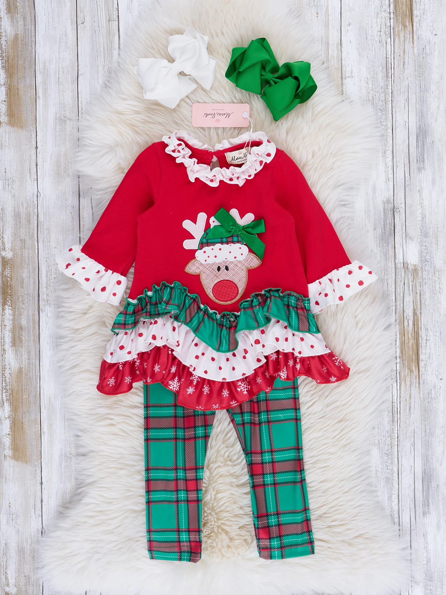 Red & Green Embroidered Reindeer Ruffle Outfit - Image 2