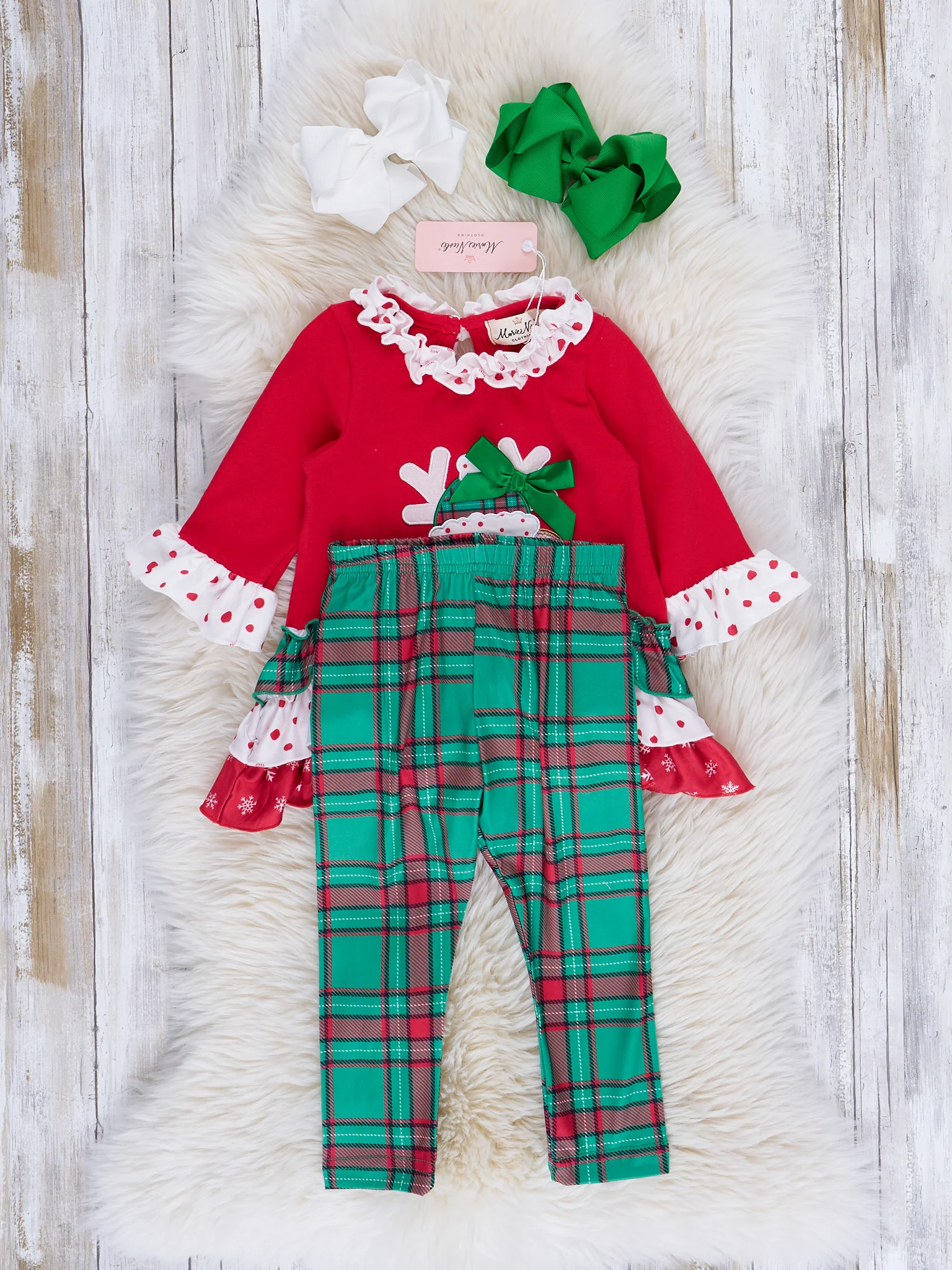 Red & Green Embroidered Reindeer Ruffle Outfit - Image 3