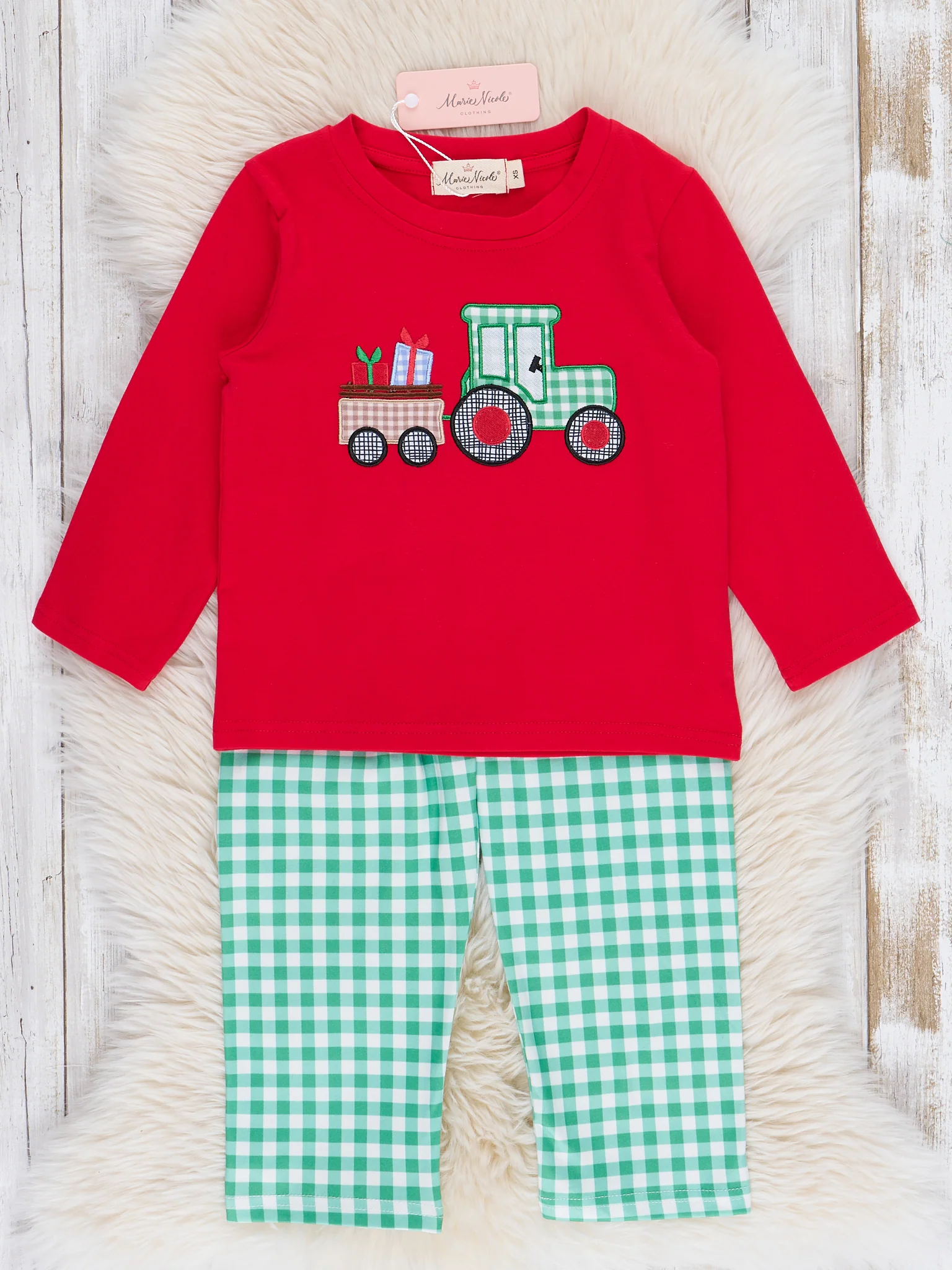 Red & Green Gingham Embroidered Holiday Tractor Outfit