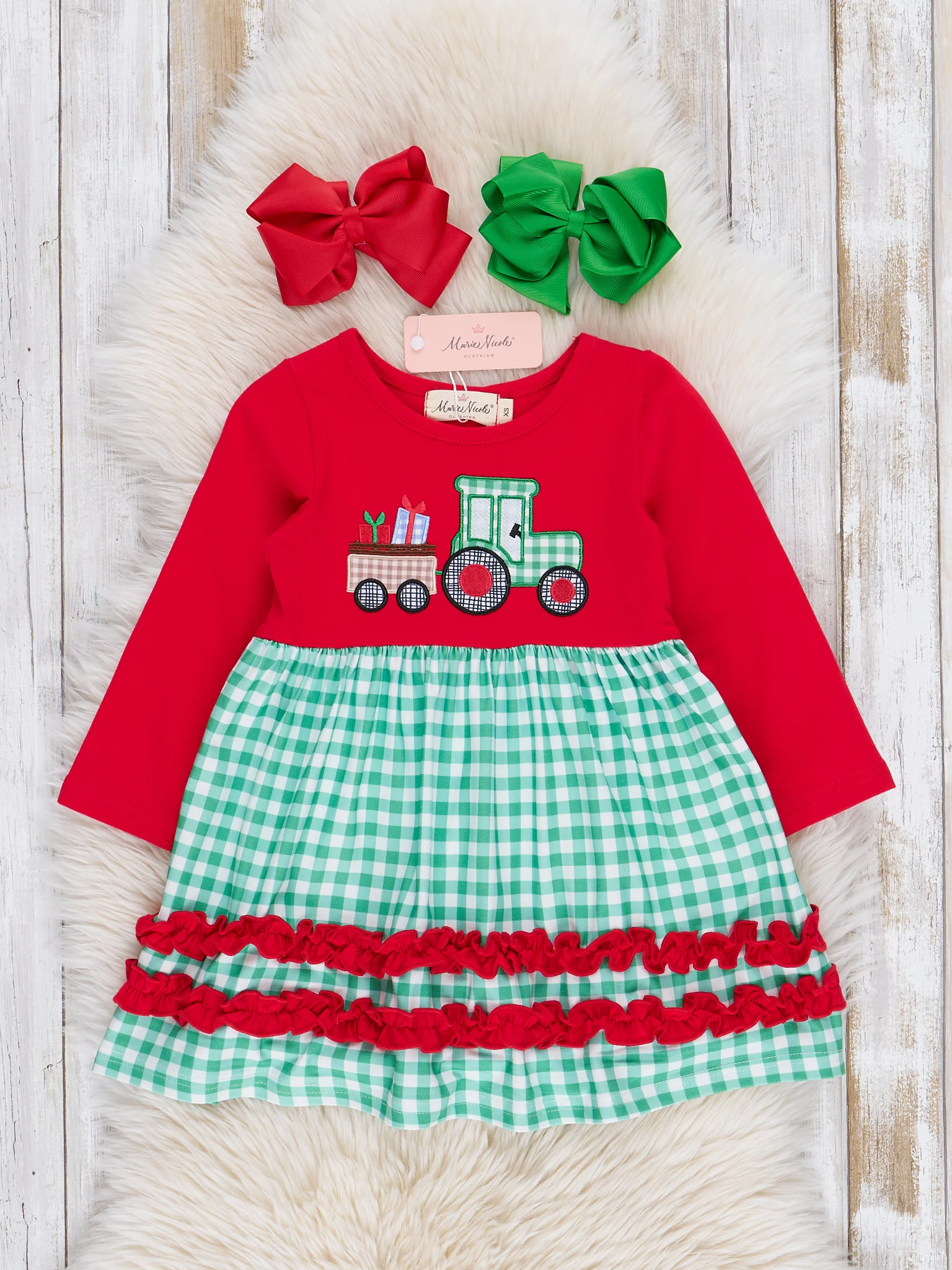 Red & Green Gingham Embroidered Holiday Tractor Ruffle Dress