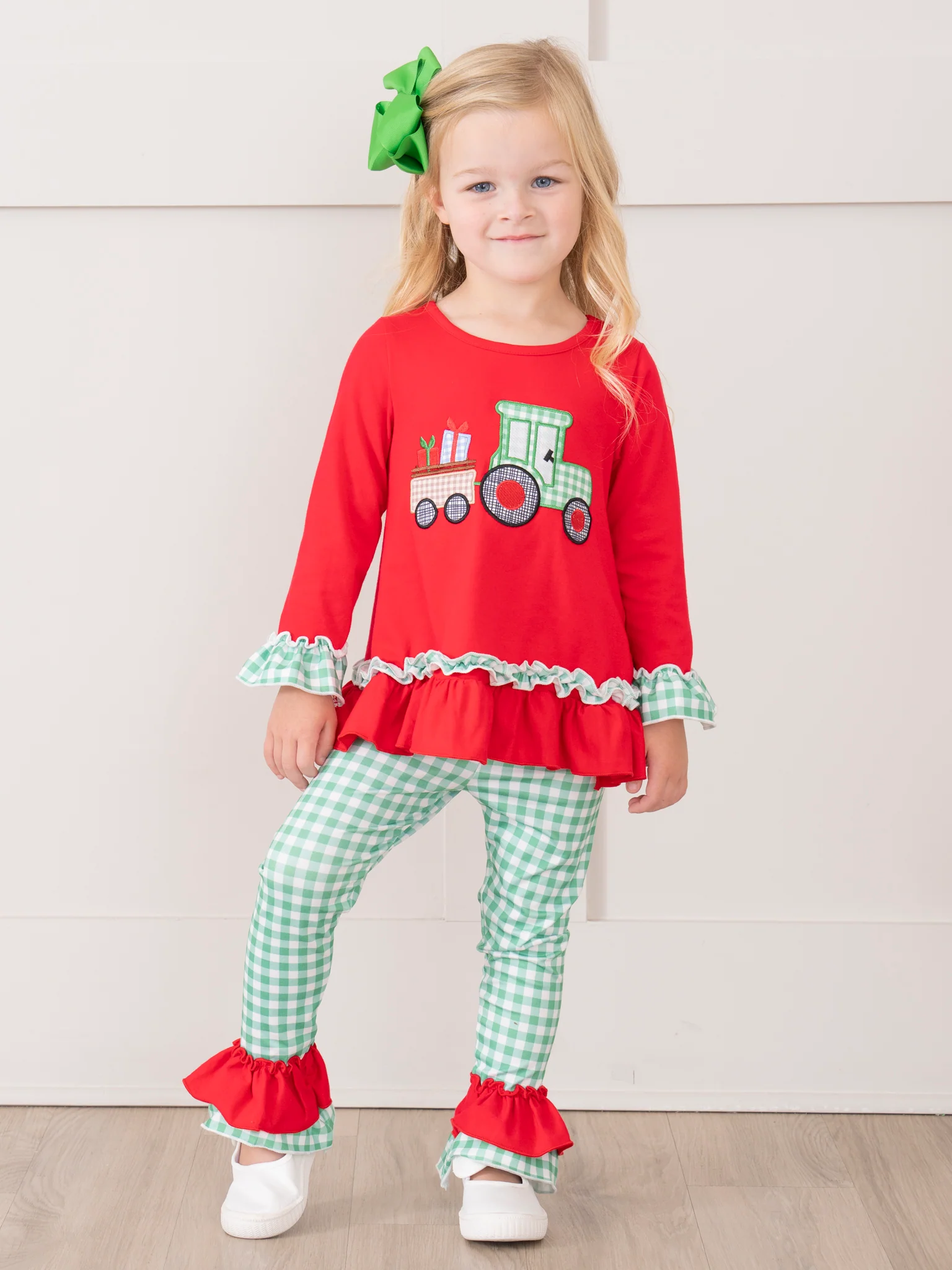 Red & Green Gingham Embroidered Holiday Tractor Ruffle Outfit