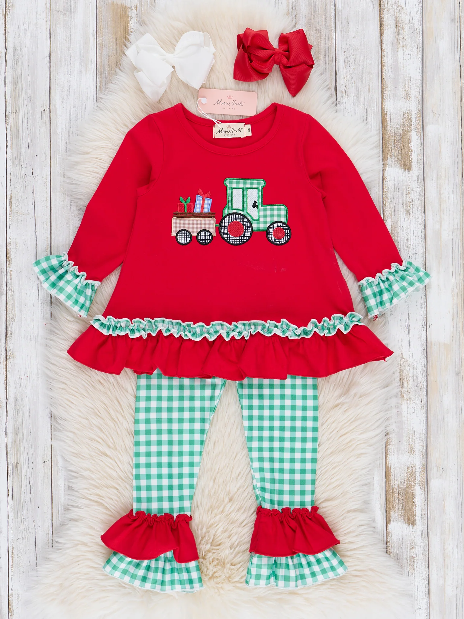 Red & Green Gingham Embroidered Holiday Tractor Ruffle Outfit - Image 2